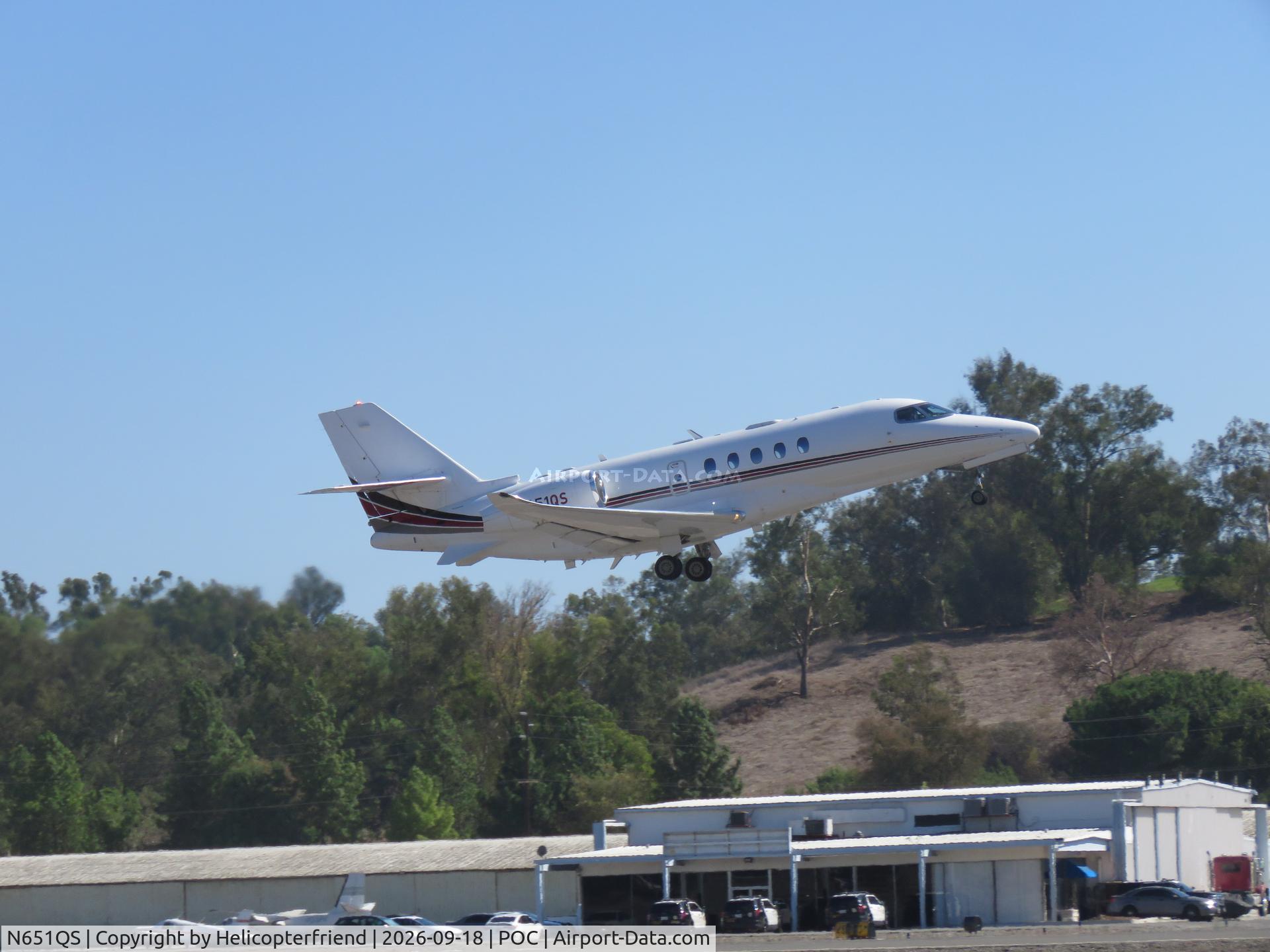 Aircraft N651QS, 2021 Textron (Cessna) 680A Citation Latitude, c/n 560-5251, Climbing out westbound, at POC, photo by Helicopterfriend