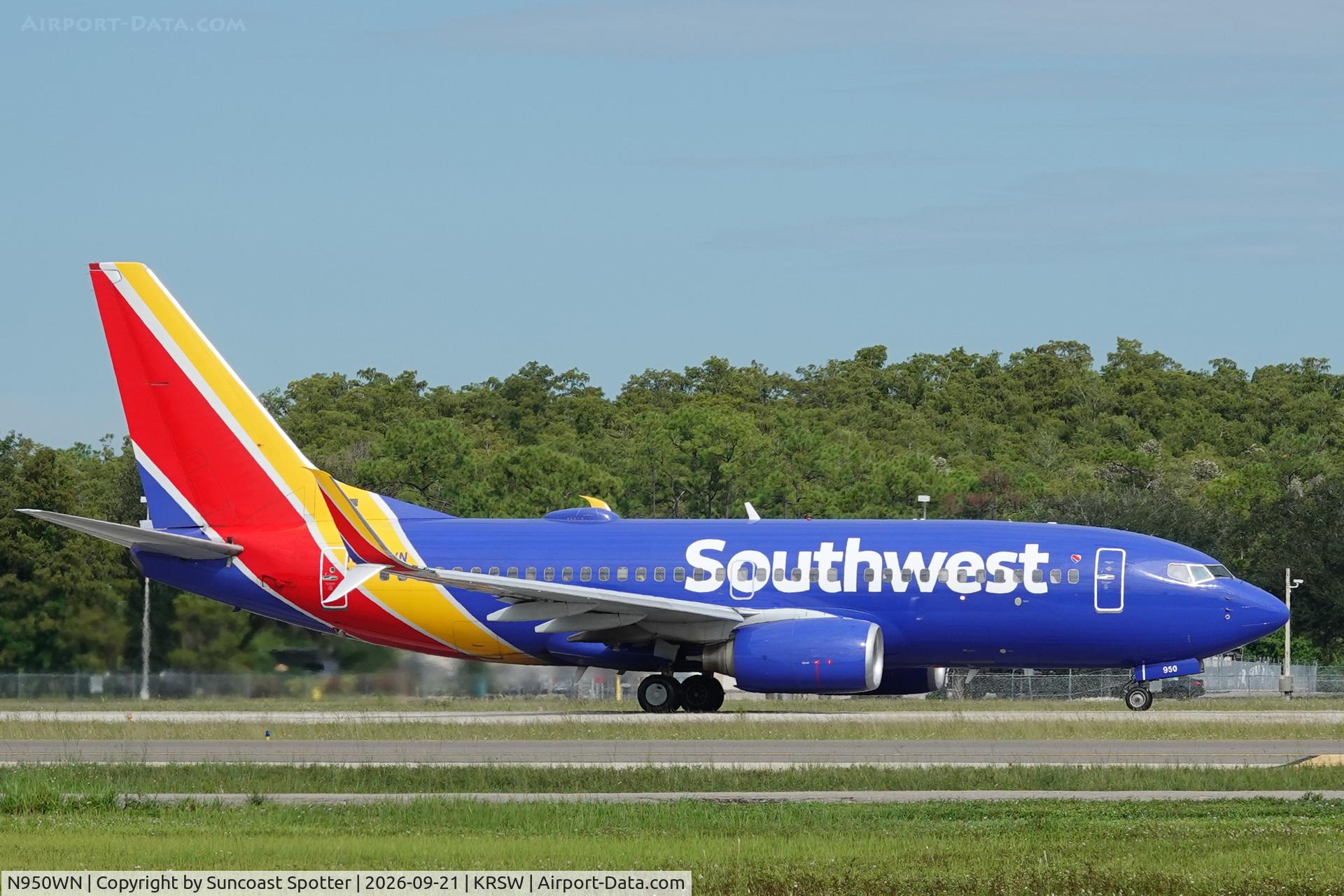 Aircraft N950WN, 2010 Boeing 737-7H4, c/n 36664, Southwest 937 departs Southwest Florida International Airport enroute to Baltimore-Washington International Airport, at KRSW, photo by Suncoast Spotter