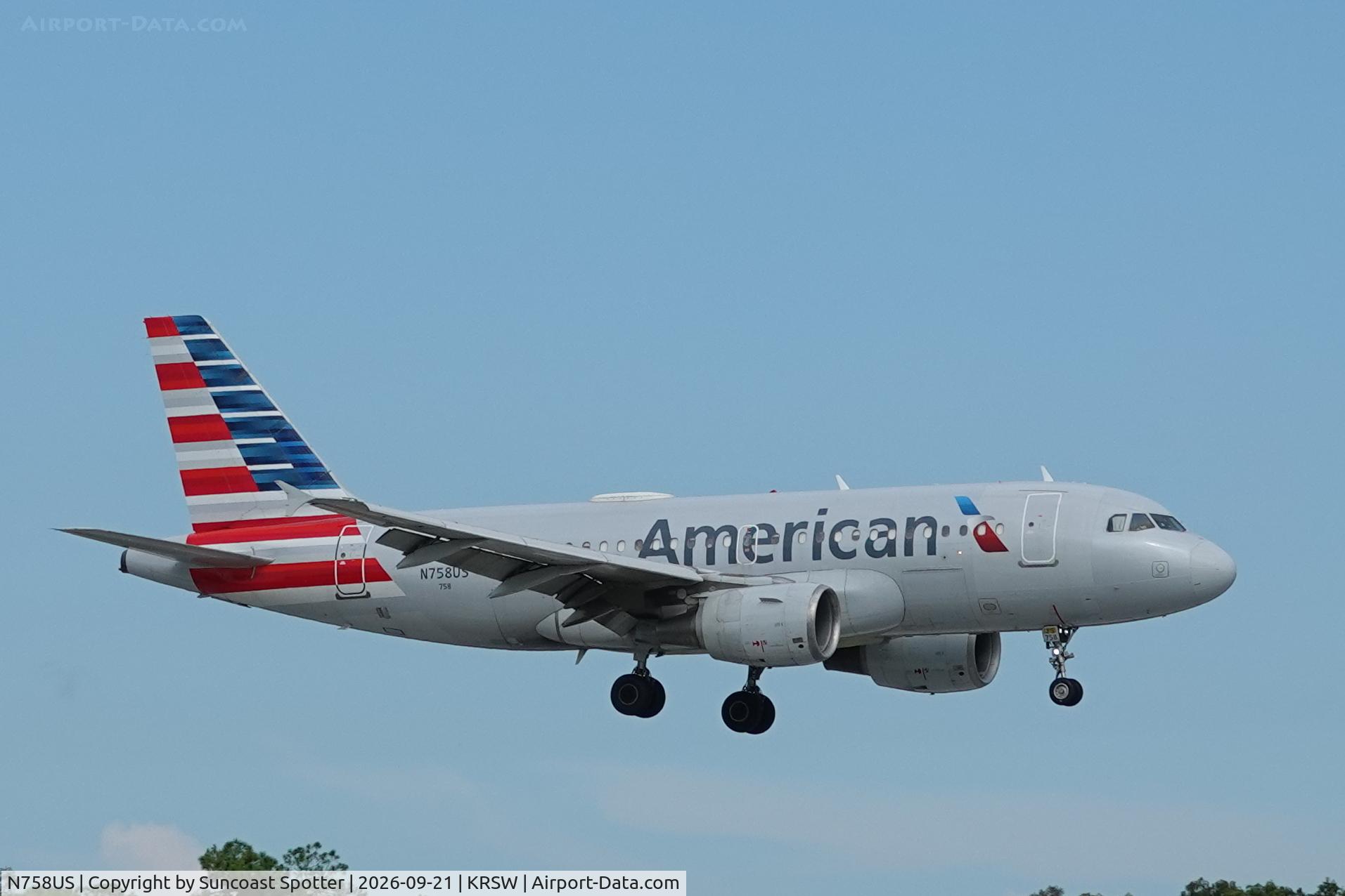 Aircraft N758US, 2000 Airbus A319-112, c/n 1348, American 2916 arrives at Southwest Florida International Airport following flight from Reagan National Airport, at KRSW, photo by Suncoast Spotter