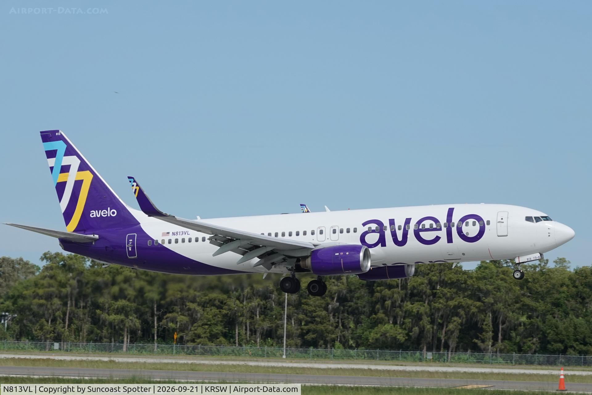 Aircraft N813VL, 2009 Boeing 737-846, c/n 35353 l/n 3105, Avelo 357 arrives at Southwest Florida International Airport following flight from Tweed New Haven Airport, at KRSW, photo by Suncoast Spotter