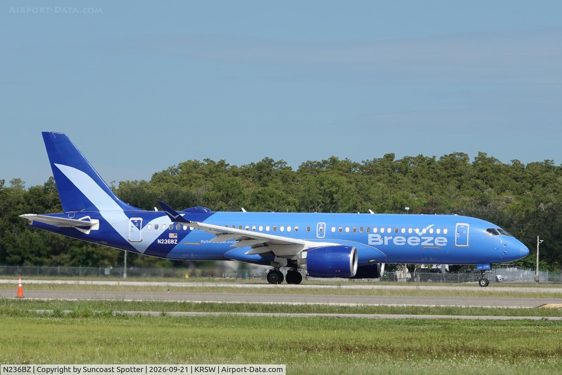 Aircraft N236BZ, 2024 Airbus A220-371, c/n 55284, Moxy 2966 departs Southwest Florida International Airport enroute to TF Green Airport, at KRSW, photo by Suncoast Spotter