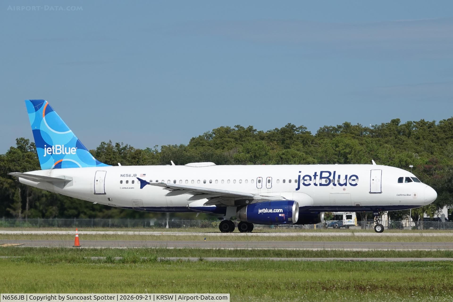 Aircraft N656JB, 2007 Airbus A320-232, c/n 3091, JetBlue 1552 departs Southwest Florida International Airport enroute to Westchester County Airport, at KRSW, photo by Suncoast Spotter