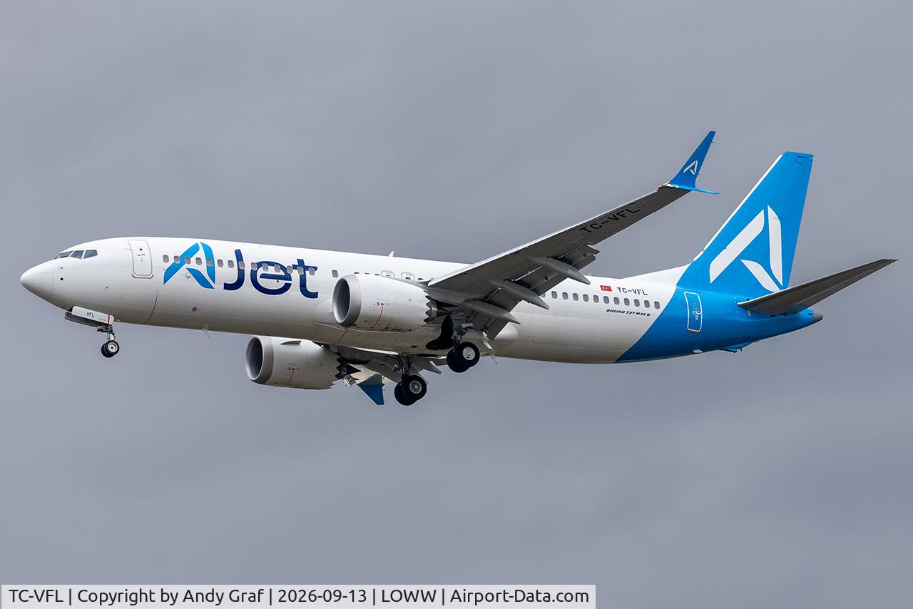 Aircraft TC-VFL, 2026 Boeing 737- 8 MAX, c/n 62965 l/n 9696, AJet 737-8 Max, at LOWW, photo by Andy Graf