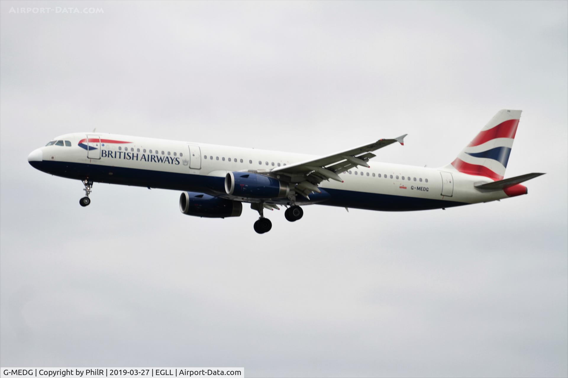 Aircraft G-MEDG, 2002 Airbus A321-231, c/n 1711, G-MEDG 2002 A321-200 Bedfont LHR, at EGLL, photo by PhilR