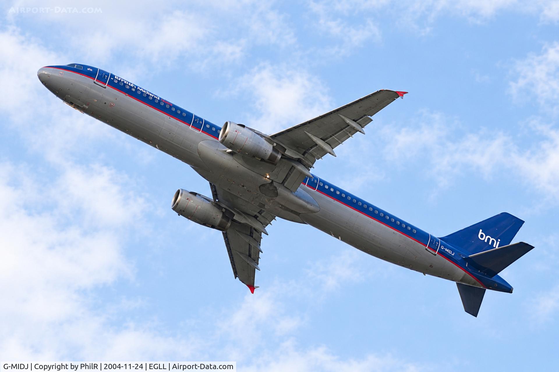 Aircraft G-MIDJ, 1999 Airbus A321-231, c/n 1045, G-MIDJ 1999 A321-200 BMI LHR, at EGLL, photo by PhilR