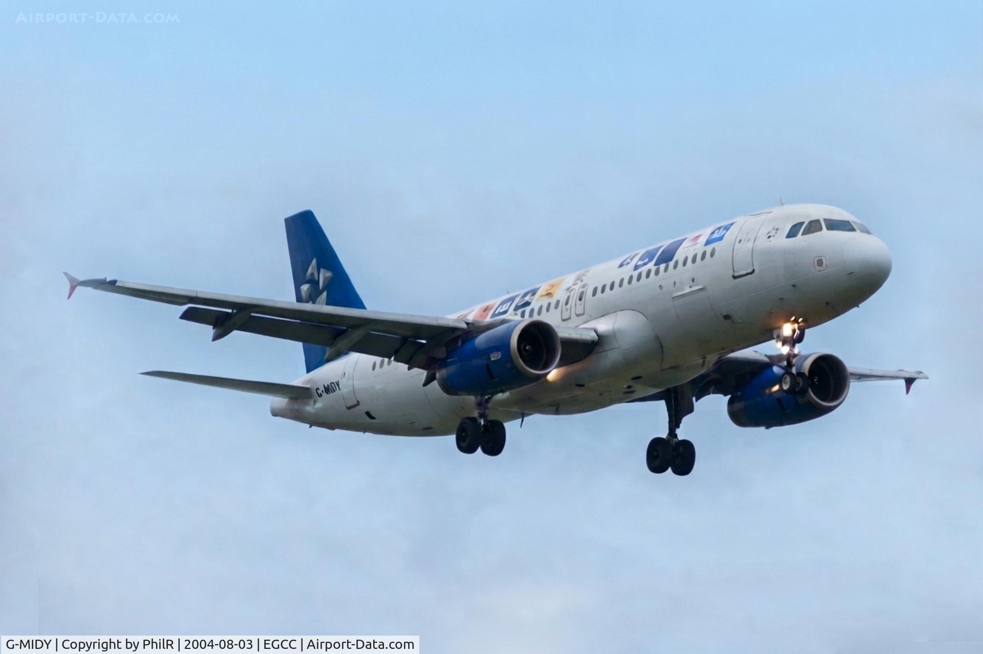 Aircraft G-MIDY, 1999 Airbus A320-232, c/n 1014, G-MIDY 1999 A320-200 BMI MAN, at EGCC, photo by PhilR