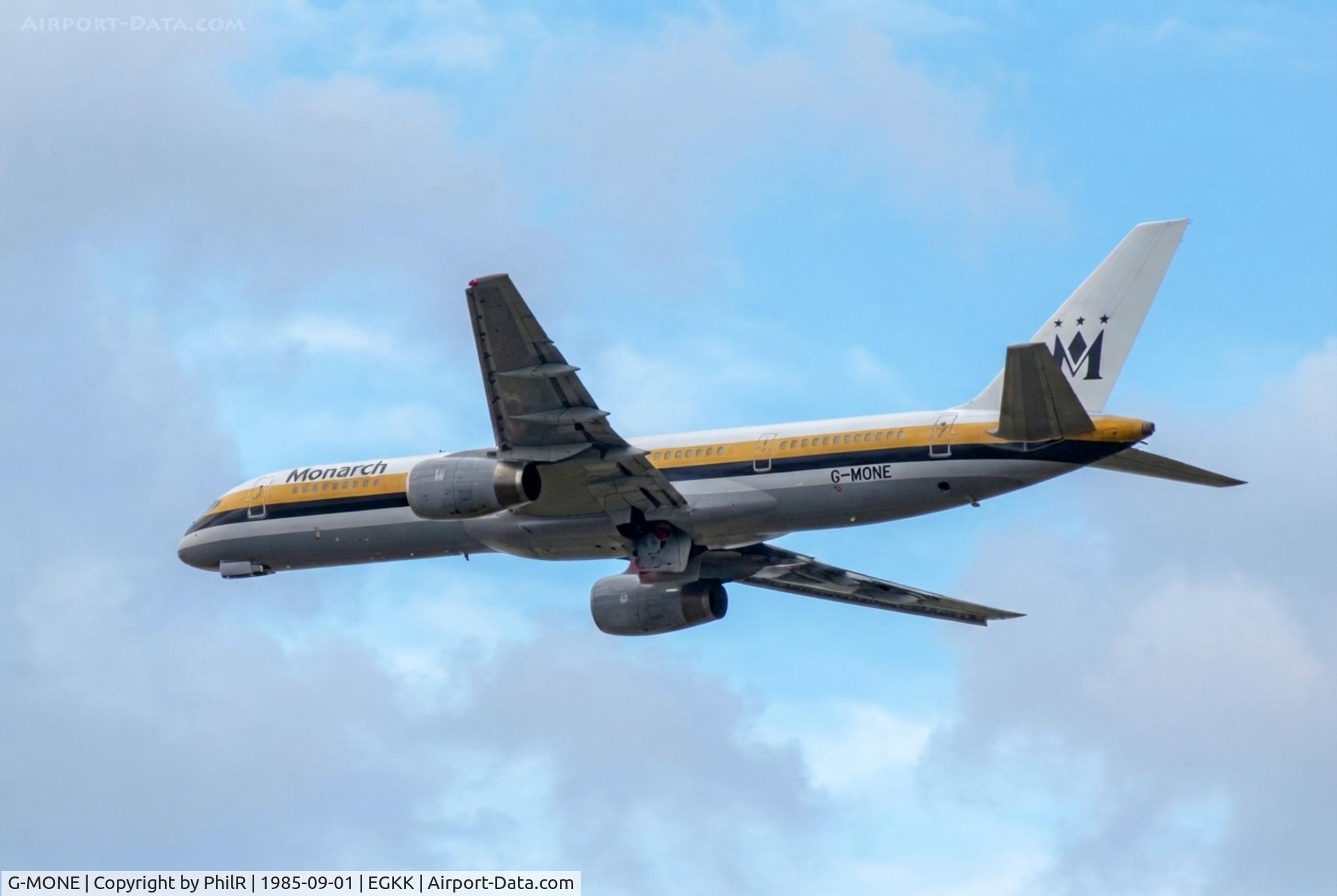 Aircraft G-MONE, 1985 Boeing 757-2T7, c/n 23293 l/n 56, G-MONE 1985 B757-200 Monarch LGW, at EGKK, photo by PhilR