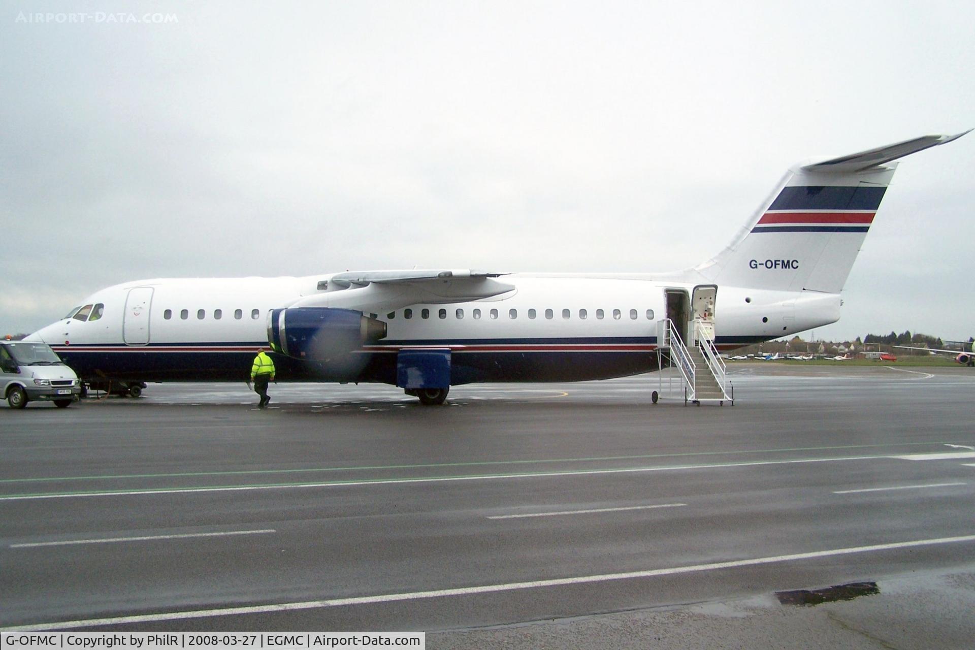 Aircraft G-OFMC, 1995 British Aerospace Avro 146-RJ100, c/n E3264, G-OFMC 1995 BAe146-RJ100 Flightline for Ford Motor Co SEN, at EGMC, photo by PhilR