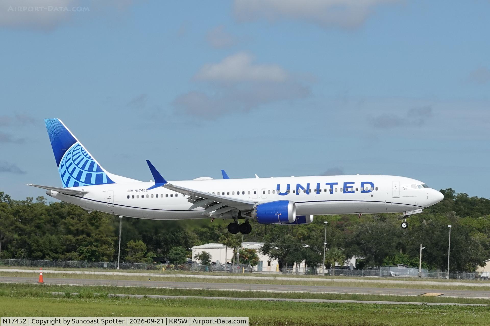 Aircraft N17452, 2026 Boeing 737 MAX 9, c/n 43428 l/n 9584, United 1115 arrives at Southwest Florida International Airport following flight from Newark-Liberty International Airport, at KRSW, photo by Suncoast Spotter