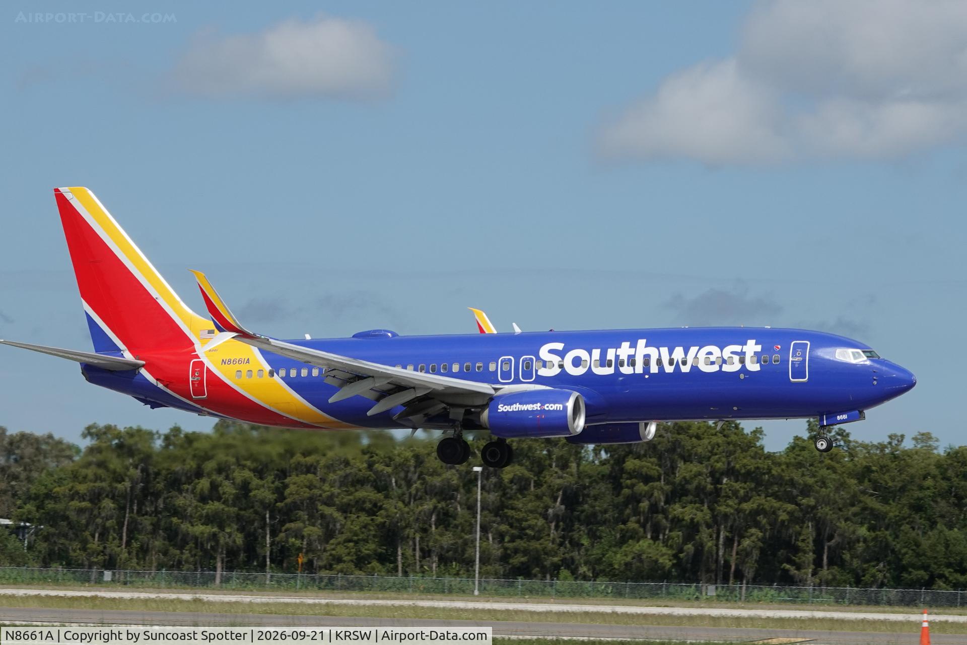 Aircraft N8661A, 2015 Boeing 737-8H4, c/n 36906 l/n 5283, Southwest 1405 arrives at Southwest Florida International Airport following flight from Orlando International Airport, at KRSW, photo by Suncoast Spotter