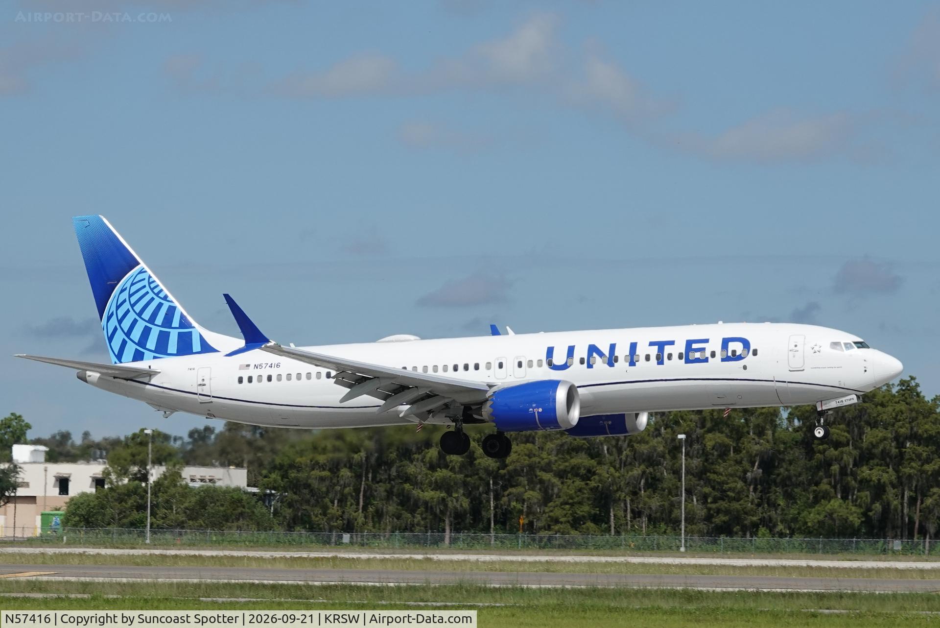 Aircraft N57416, 2025 Boeing 737 MAX 9, c/n 67651 l/n 9388, United 1406 arrives at Southwest Florida International Airport following flight from Washington-Dulles International Airport, at KRSW, photo by Suncoast Spotter