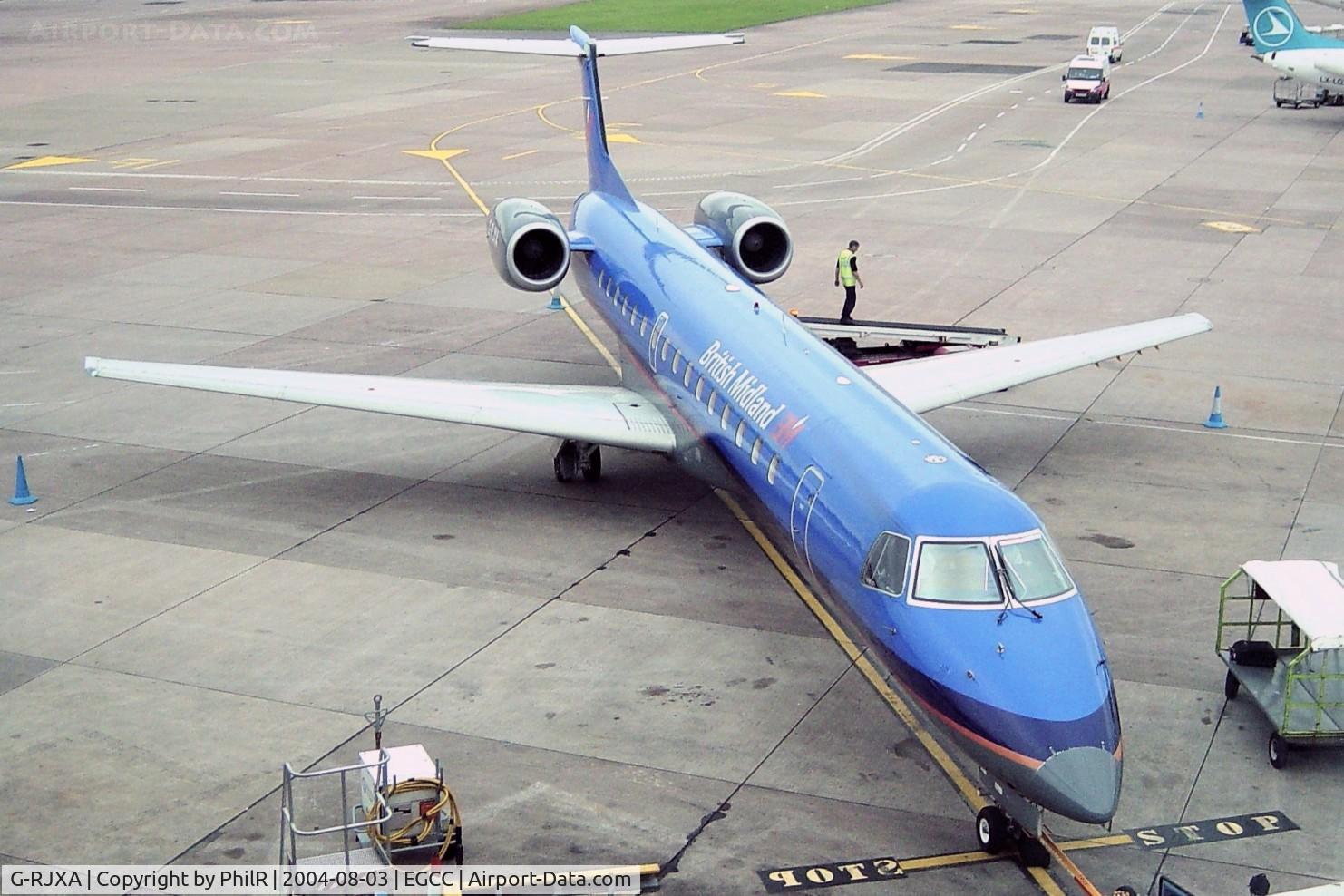 Aircraft G-RJXA, 1999 Embraer EMB-145EP (ERJ-145EP), c/n 145136, G-RJXA 1999 ERJ145EP BMI MAN, at EGCC, photo by PhilR