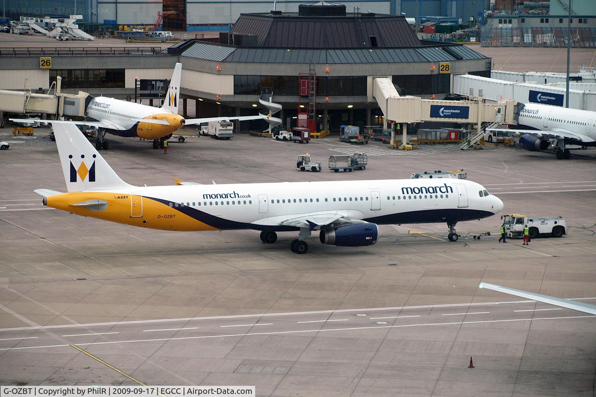 Aircraft G-OZBT, 2008 Airbus A321-231, c/n 3546, G-OZBT 2008 A321-200 Monarch MAN, at EGCC, photo by PhilR