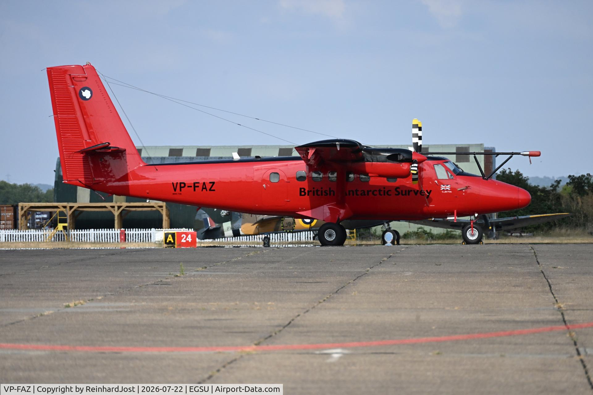 Aircraft VP-FAZ, 1981 De Havilland Canada DHC-6-300 Twin Otter, c/n 748, Twin-Otter of the British Antarctic Survey on wheels only and with special tools over the nose at Duxford, UK, at EGSU, photo by ReinhardJost
