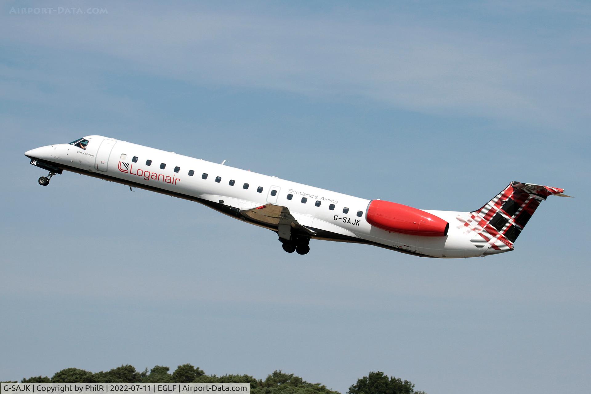 Aircraft G-SAJK, 1999 Embraer EMB-145EP (ERJ-145EP), c/n 145153, G-SAJK 1999 Embraer ERJ-145EP Farnborough, at EGLF, photo by PhilR