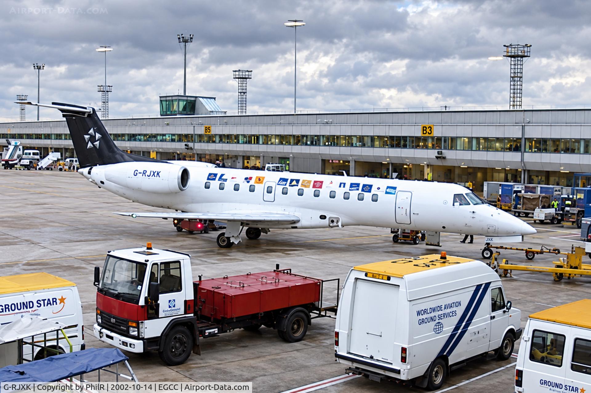 Aircraft G-RJXK, 2001 Embraer ERJ-135ER (EMB-135ER), c/n 145494, G-RJXK 2001 ERJ135ER BMI MAN, at EGCC, photo by PhilR