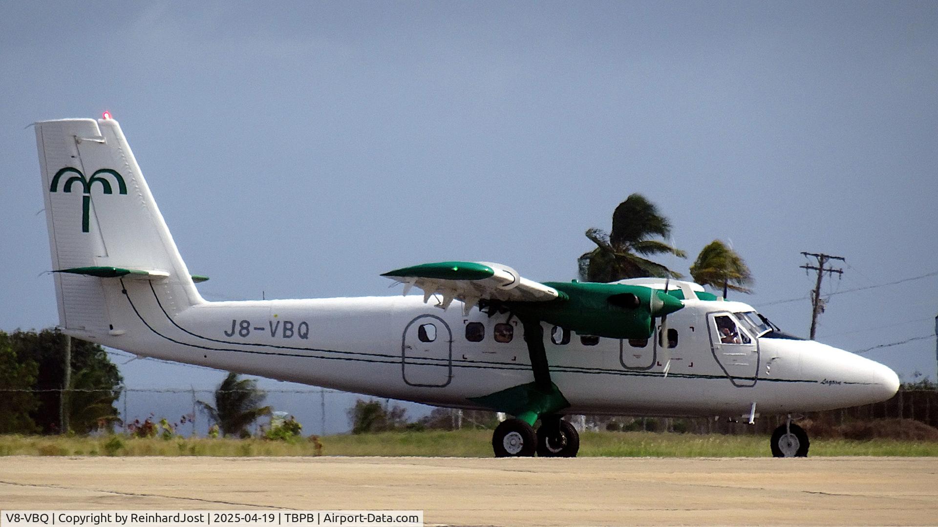 Aircraft V8-VBQ, Twin Otter V8-VBQ, registered for SVG Air St. Vincent (ex-JA8808 / N604ML / 8P-BGC) at Barbados, at TBPB, photo by ReinhardJost