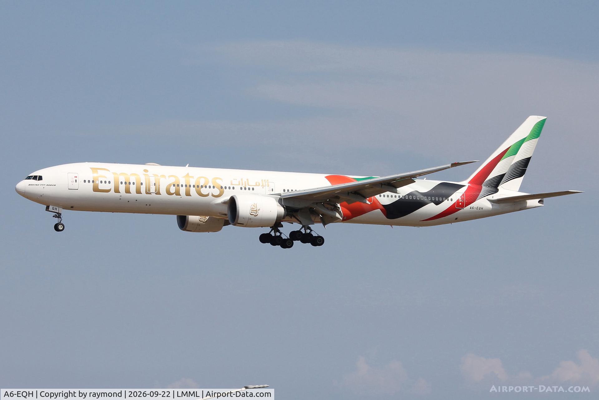 Aircraft A6-EQH, 2017 Boeing 777-31H/ER, c/n 42353 l/n 1517, Boeing 777-31H(ER) reg A6-EQH of Emirates Airlines in United Arab Emirates Flag Special Livery seen approaching RW31 landing in Malta., at LMML, photo by raymond