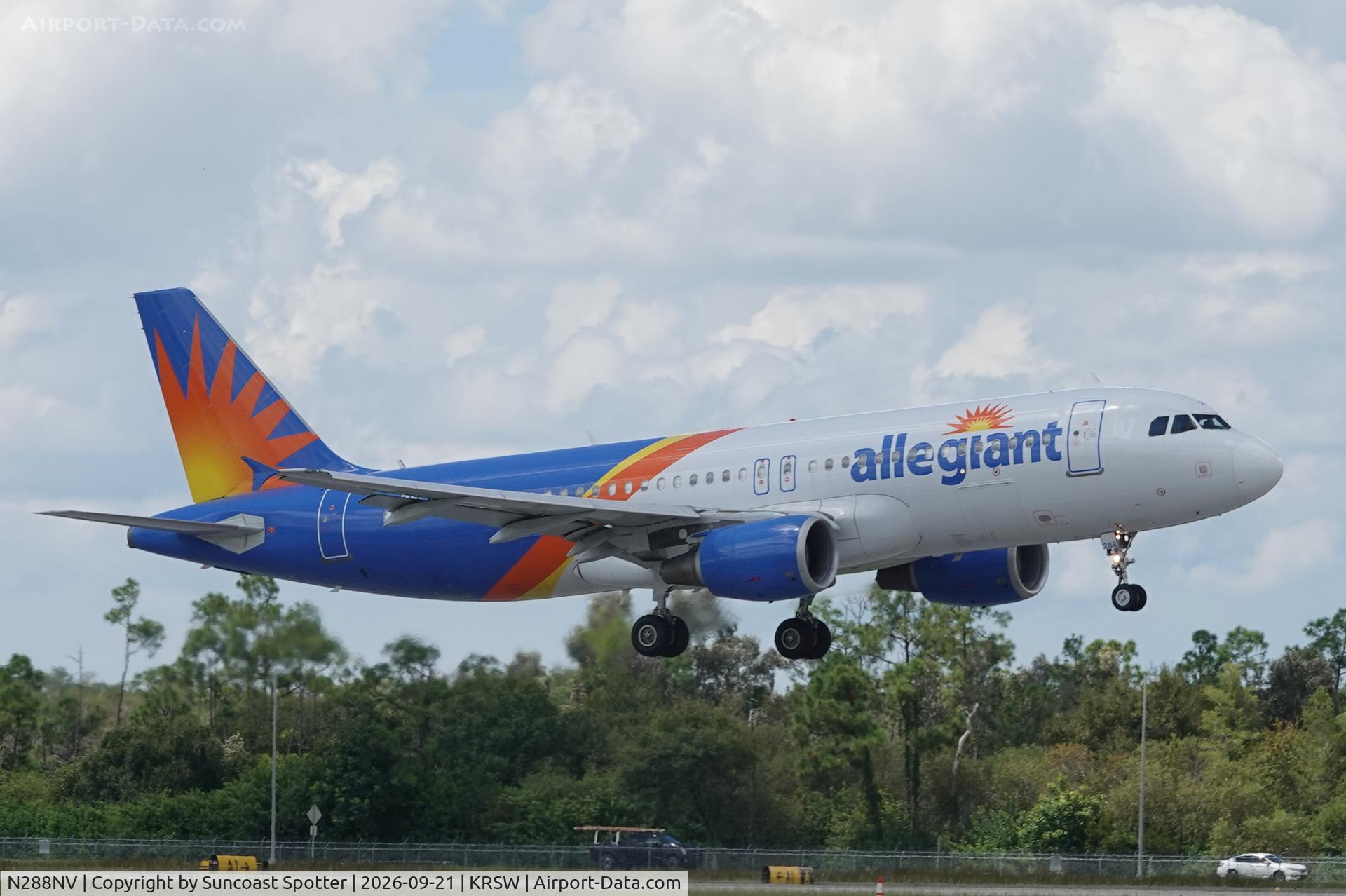 Aircraft N288NV, 2010 Airbus A320-214, c/n 4537, Allegiant 472 arrives at Southwest Florida International Airport following flight from Des Moines International Airport, at KRSW, photo by Suncoast Spotter