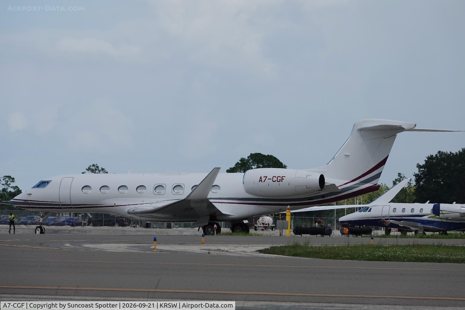Aircraft A7-CGF, 2018 Gulfstream G-VI (G650ER), c/n 6366, Qatar Executive G650 sits on the Private Sky ramp at Southwest Florida International Airport, at KRSW, photo by Suncoast Spotter