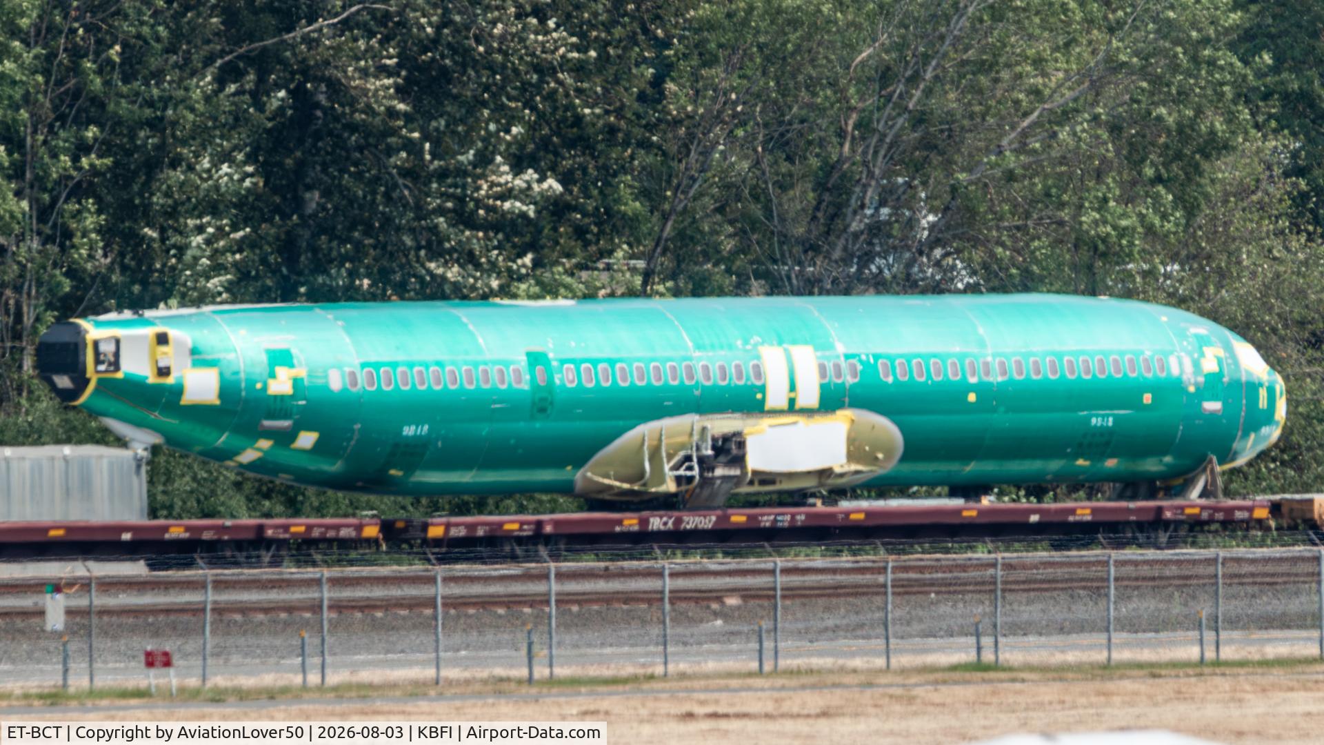 Aircraft ET-BCT, 2026 Boeing 737-8 MAX, c/n 43583 l/n 9818, Ethiopian MAX 8 fuselage on a train leaving BFI going to RNT to be assembled, painted, and prepped for delivery to Ethiopia the next month., at KBFI, photo by AviationLover50