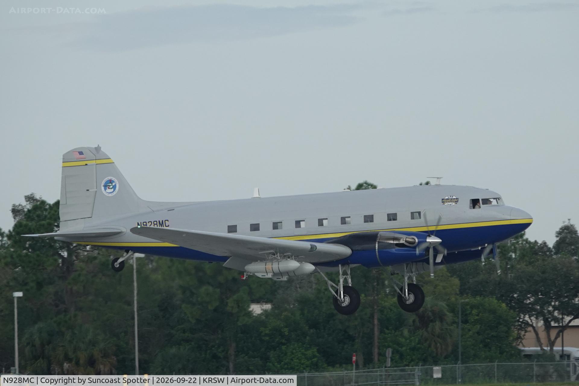 Aircraft N928MC, 1944 Douglas DC-3, c/n 32897, Douglas 928MC arrives at Southwest Florida International Airport following flight from Buckingham Field, at KRSW, photo by Suncoast Spotter