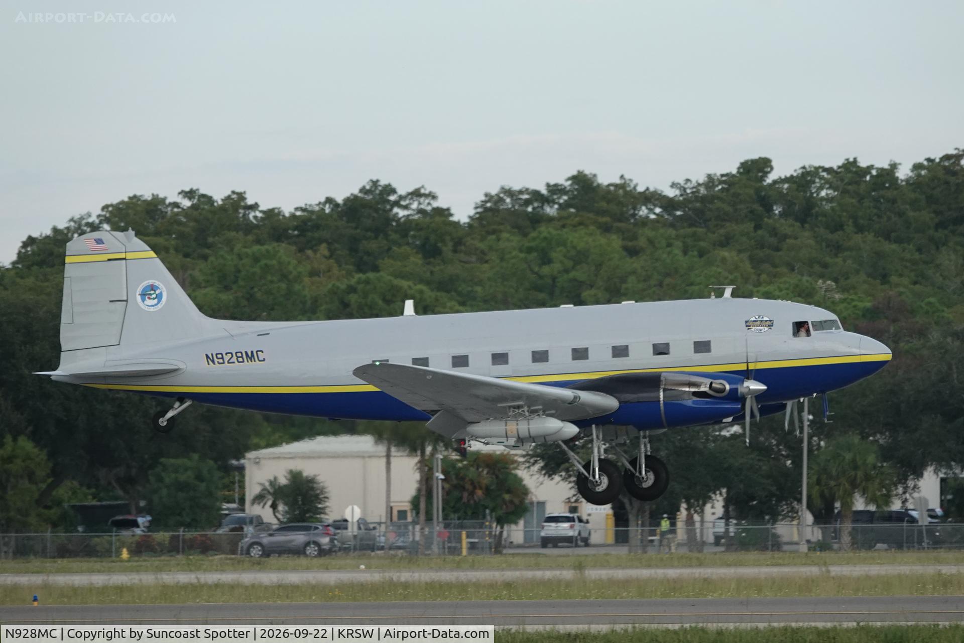Aircraft N928MC, 1944 Douglas DC-3, c/n 32897, Douglas 928MC arrives at Southwest Florida International Airport following flight from Buckingham Field, at KRSW, photo by Suncoast Spotter