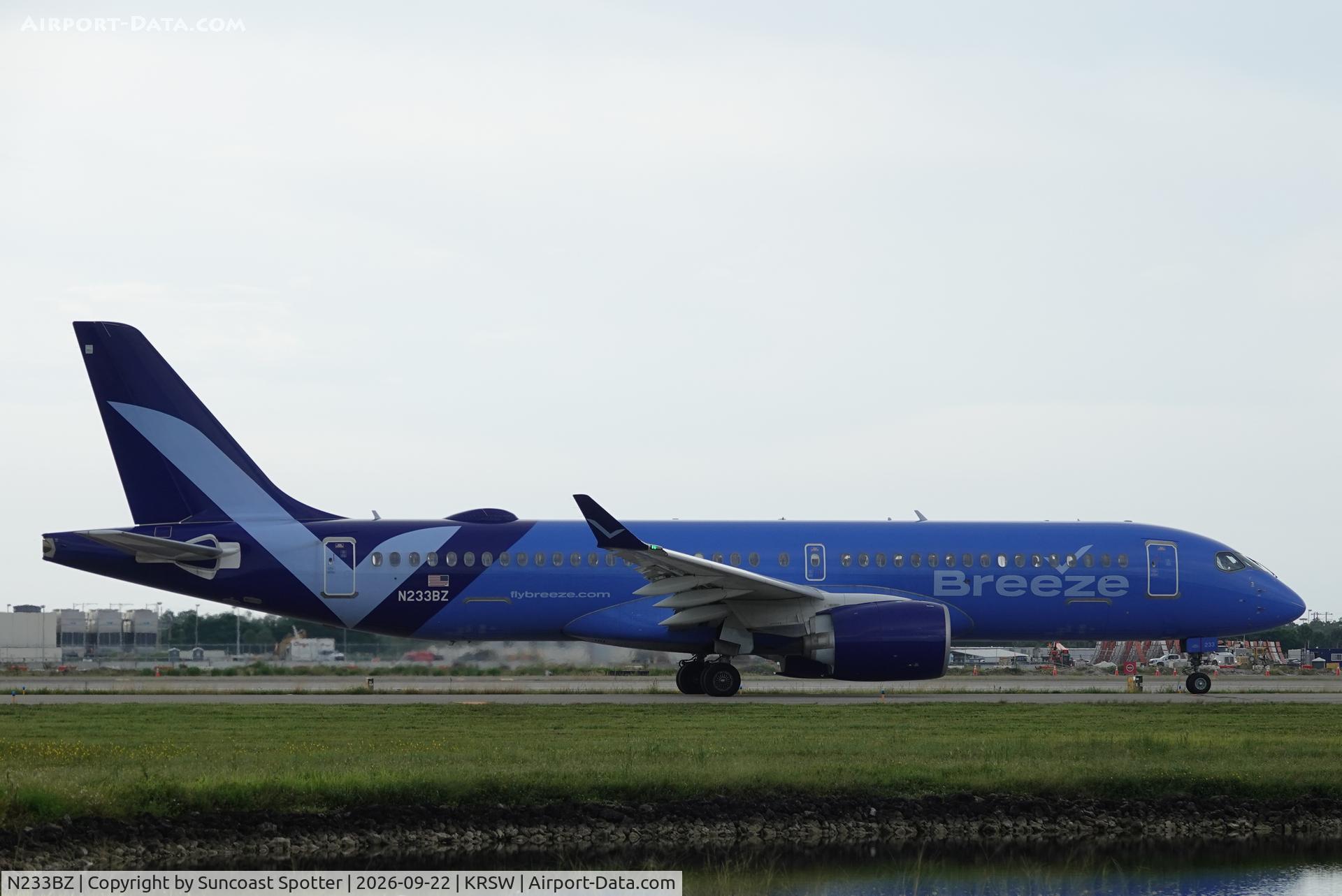 Aircraft N233BZ, 2024 Airbus A220-371, c/n 55273, Moxy 537 taxis at Southwest Florida International Airport prior to flight to Bradley International Airport, at KRSW, photo by Suncoast Spotter