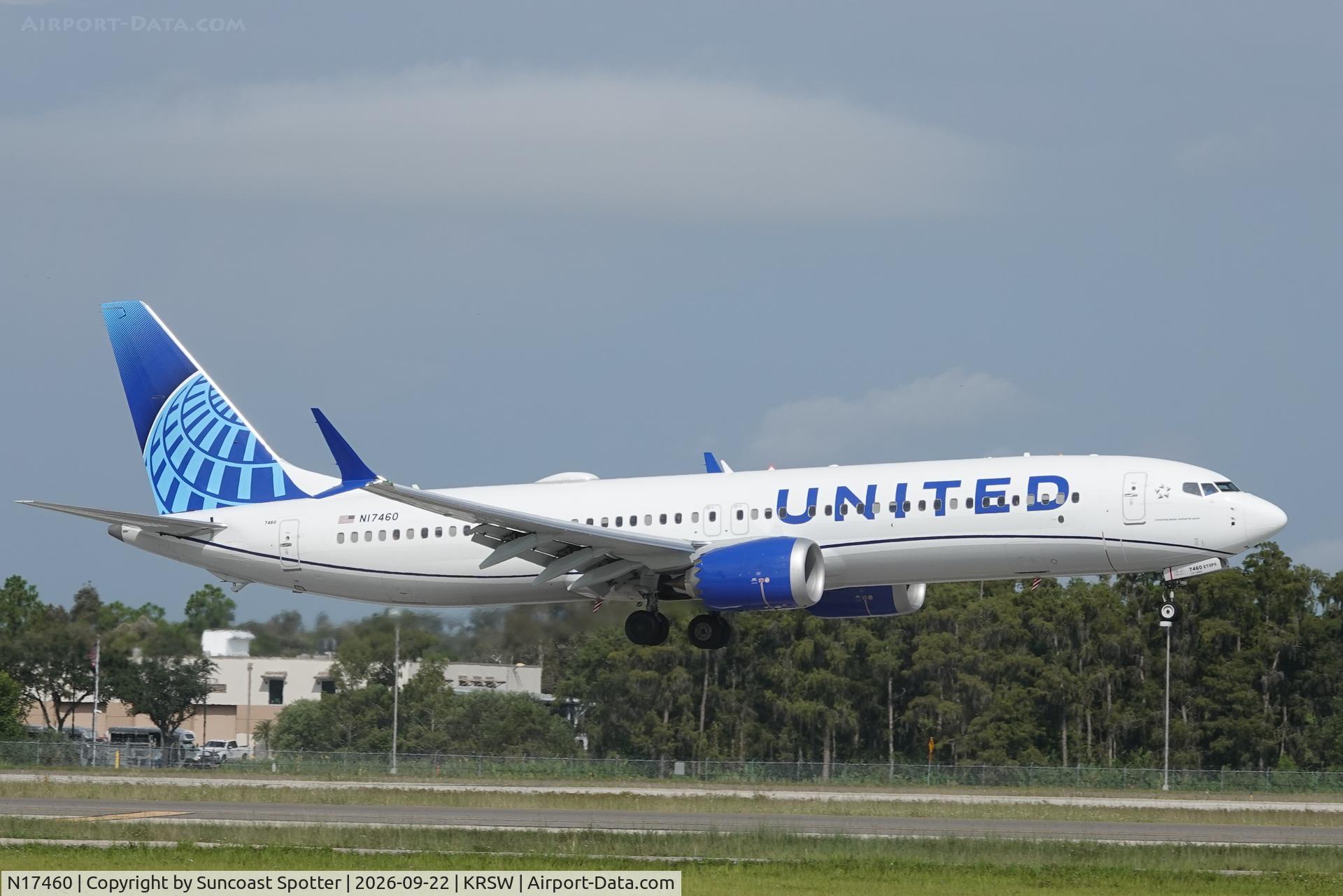 Aircraft N17460, 2026 Boeing 737 Max 9, c/n 67743 l/n 9715, United 1115 arrives at Southwest Florida International Airport following flight from Newark-Liberty International Airport, at KRSW, photo by Suncoast Spotter