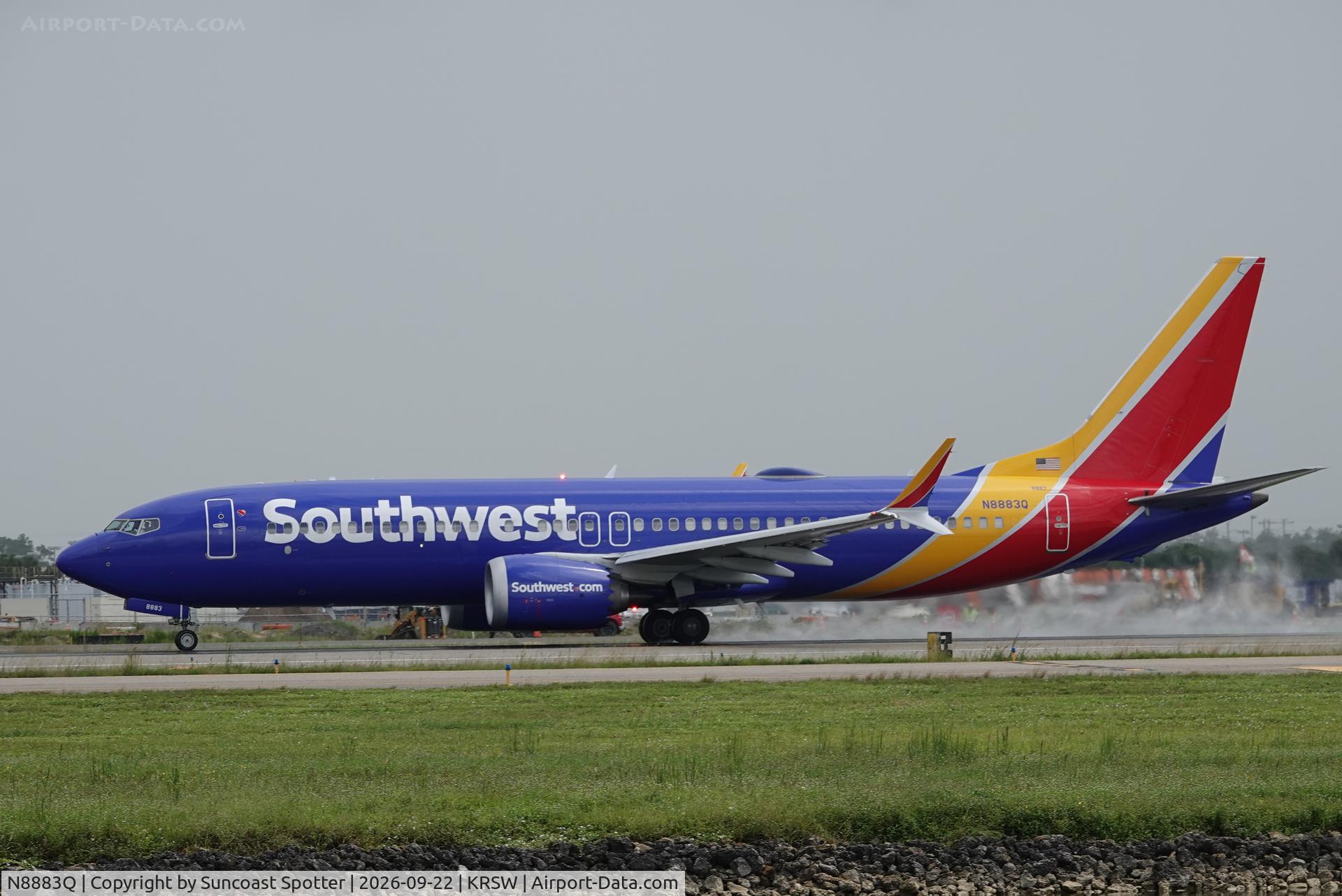 Aircraft N8883Q, 2023 Boeing 737-8 MAX, c/n 67965 l/n 8643, Southwest 760 departs Southwest Florida International Airport enroute to John Glenn Columbus International Airport, at KRSW, photo by Suncoast Spotter