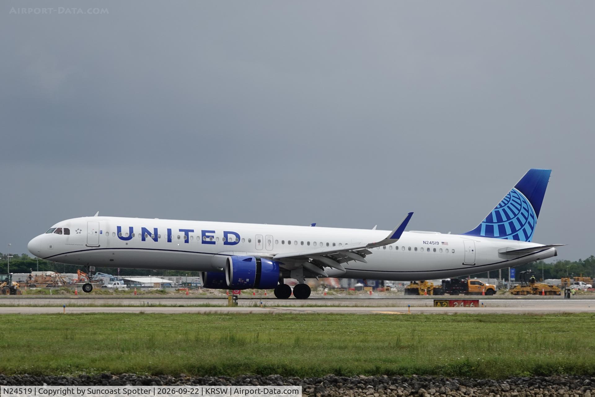 Aircraft N24519, 2024 Airbus A321-271NX, c/n 11965, United 2002 arrives at Southwest Florida International Airport following flight from Chicago-O’Hare International Airport, at KRSW, photo by Suncoast Spotter