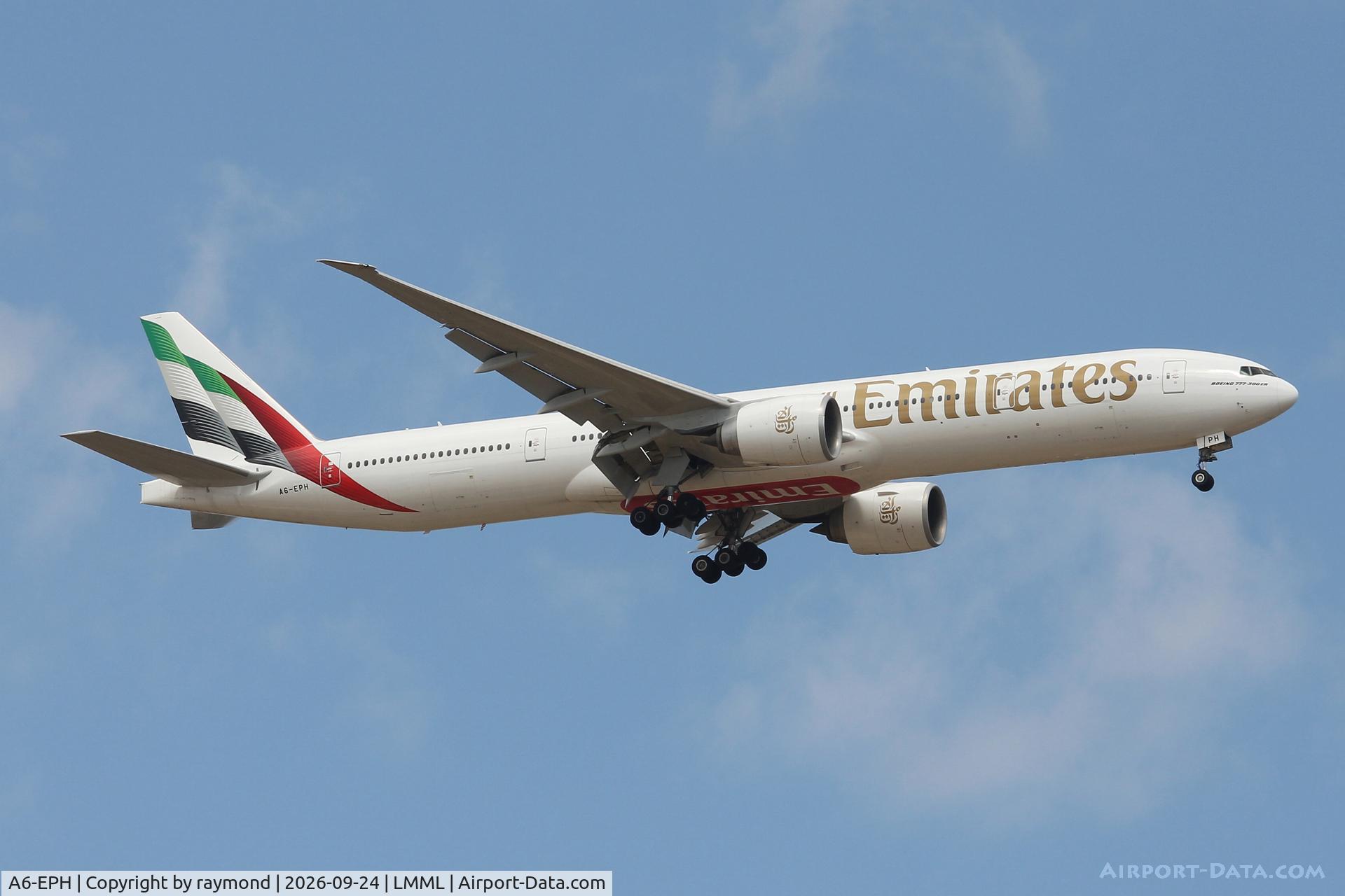 Aircraft A6-EPH, 2015 Boeing 777-31H/ER, c/n 42327 l/n 1360, Boeing 777-31H/ER reg A6-EPH of Emirates Airlines on final approach for Rw13 landing in Malta., at LMML, photo by raymond
