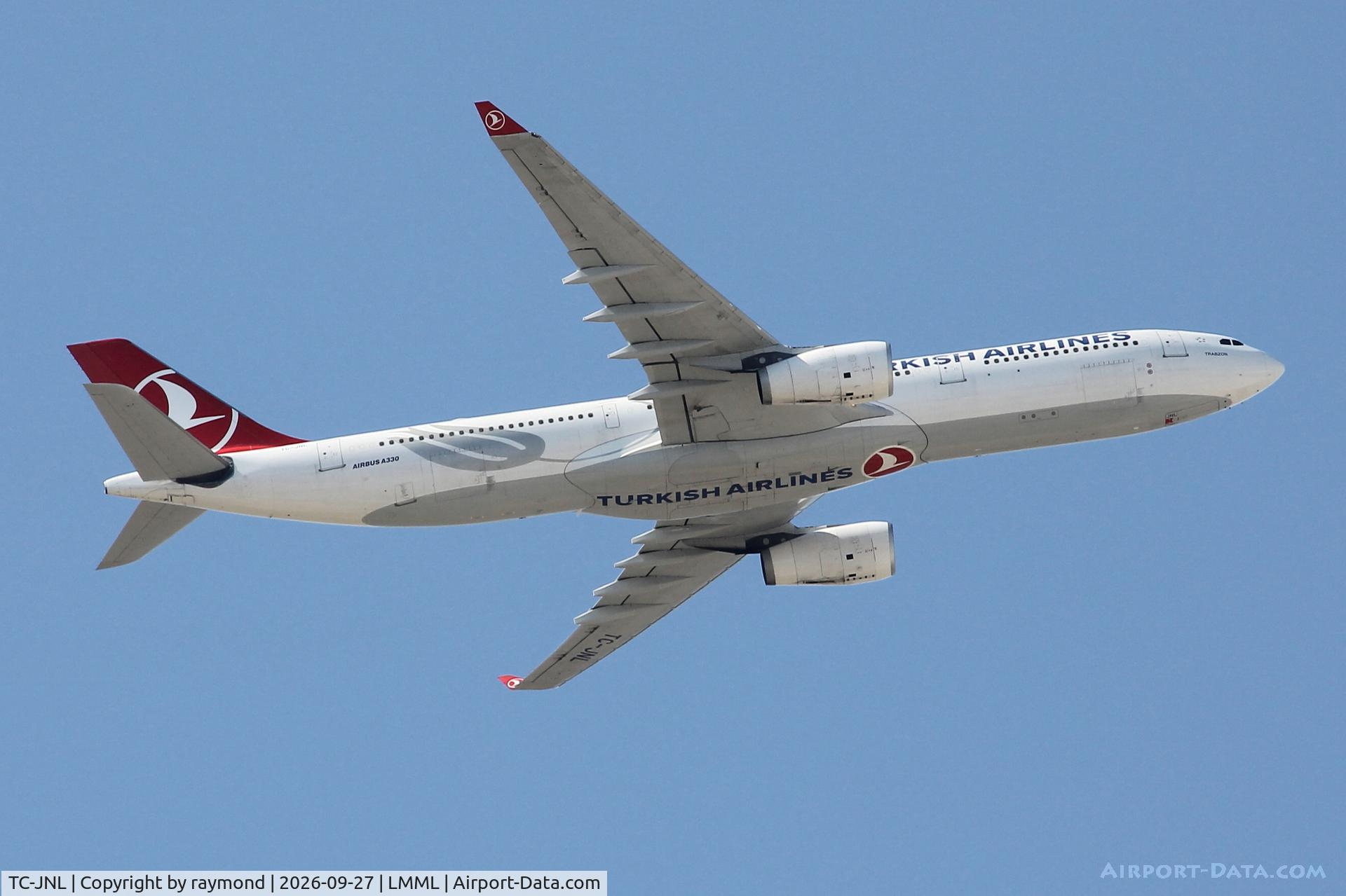 Aircraft TC-JNL, 2010 Airbus A330-343X, c/n 1204, Turkish Airlines Airbus A330-343X reg TC-JNL on the climb departing from Malta., at LMML, photo by raymond