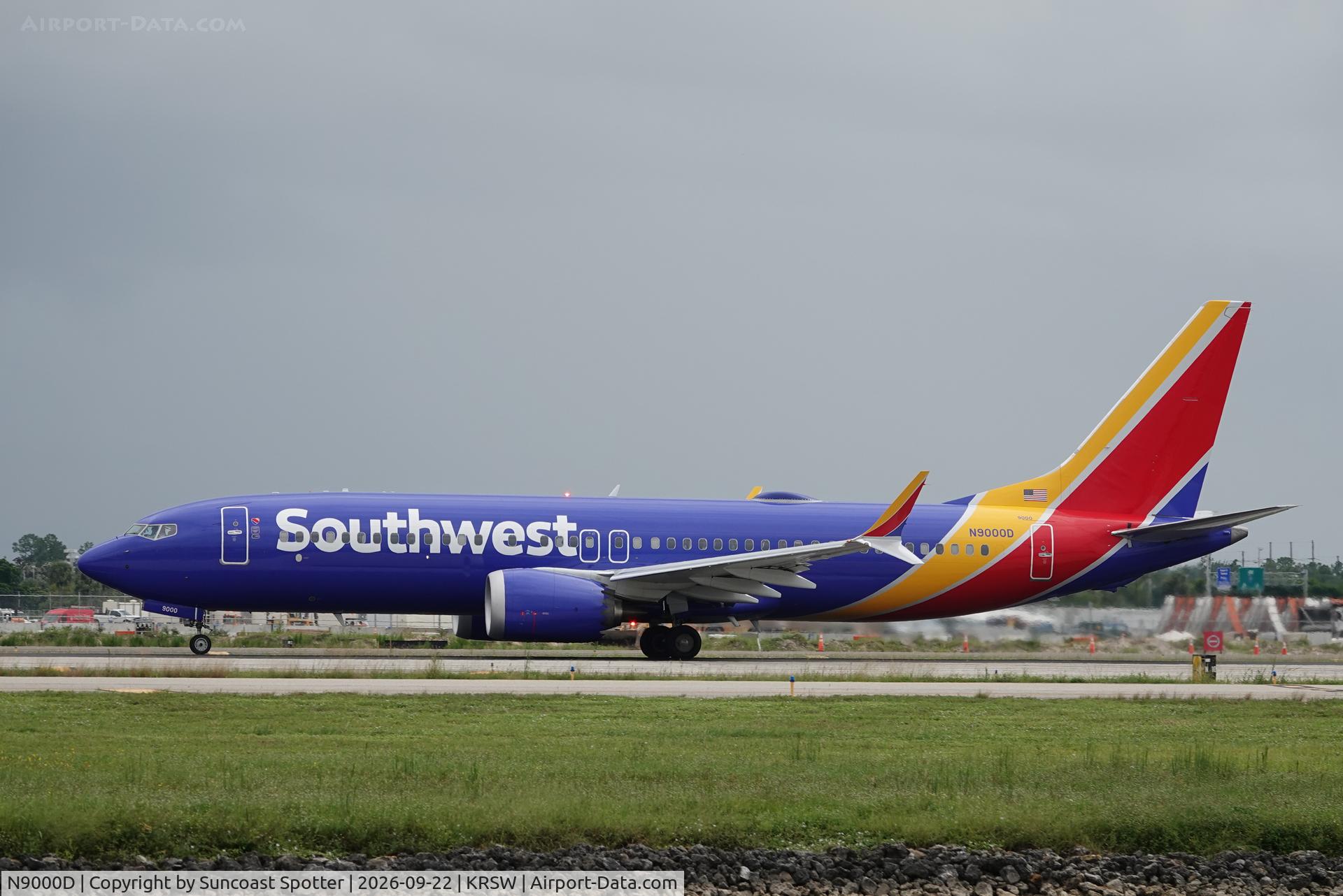 Aircraft N9000D, 2026 Boeing 737 MAX 8, c/n 67320 l/n 9553, Southwest 1421 departs Southwest Florida International Airport enroute to Nashville International Airport, at KRSW, photo by Suncoast Spotter