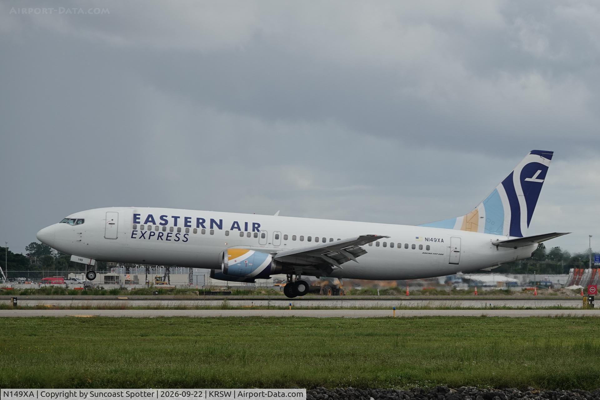 Aircraft N149XA, 1993 Boeing 737-484, c/n 27149 l/n 2471, Eastern Air Express 2150 arrives at Southwest Florida International Airport following flight from Jose Marti International Airport, at KRSW, photo by Suncoast Spotter