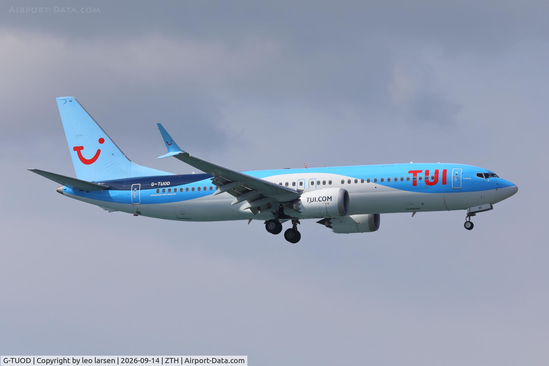 Aircraft G-TUOD, 2023 Boeing 737-8, c/n 44662, Zakynthos 14.9.2026, at ZTH, photo by leo larsen