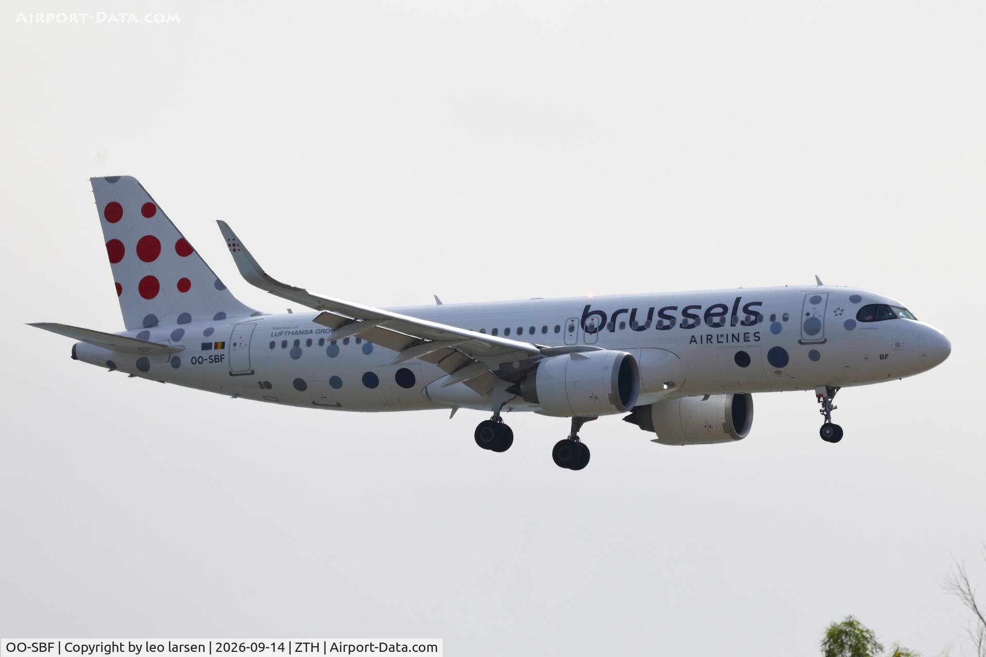 Aircraft OO-SBF, 2025 Airbus A320-251N, c/n 12834, Zakynthos 14.9.2026, at ZTH, photo by leo larsen