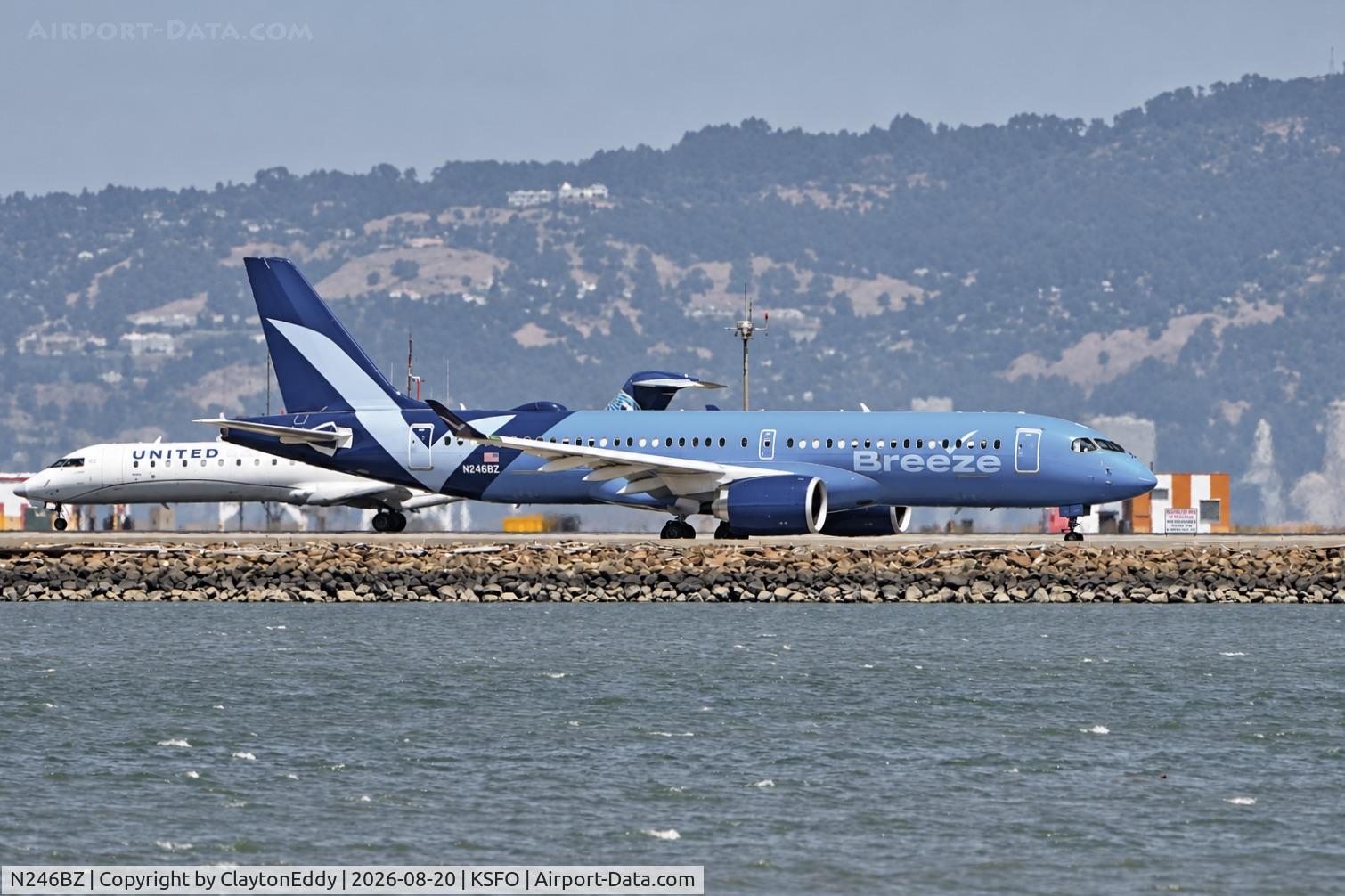 Aircraft N246BZ, 2025 Airbus A220-300, c/n 55339, SFO 2026, at KSFO, photo by ClaytonEddy