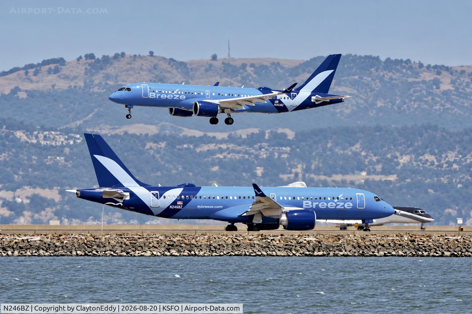 Aircraft N246BZ, 2025 Airbus A220-300, c/n 55339, SFO 2026, at KSFO, photo by ClaytonEddy