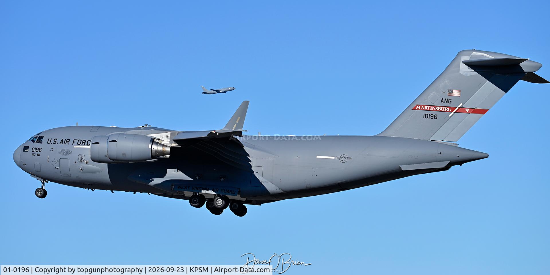 Aircraft 01-0196, 2001 Boeing C-17A Globemaster III, c/n 50104/P-96 l/n F103, REACH425 on short final while PACK33 is in the downwind, at KPSM, photo by topgunphotography