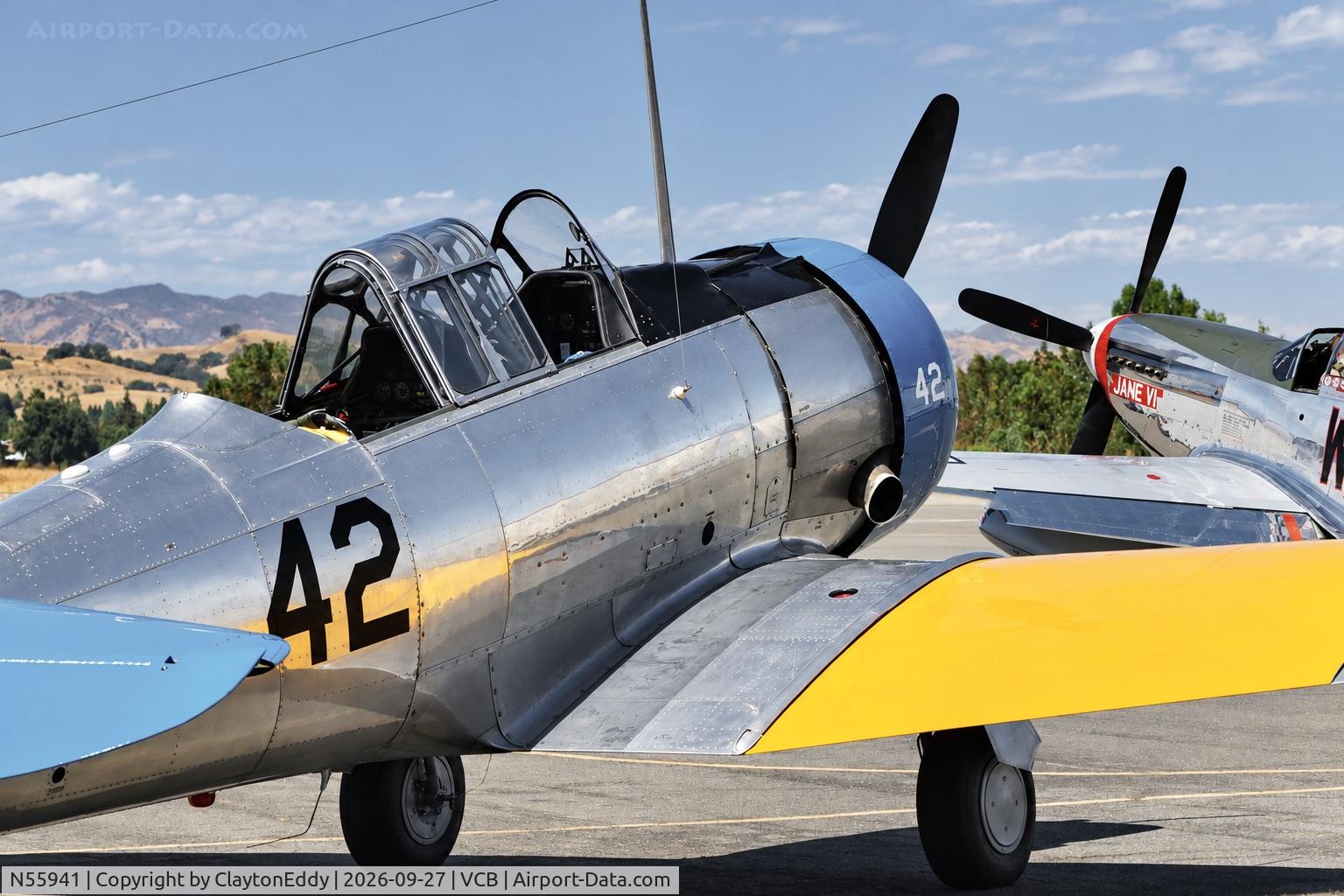 Aircraft N55941, 1942 North American AT-6, c/n 88-9544, Vacaville Nut Tree airport in California 2026, at VCB, photo by ClaytonEddy