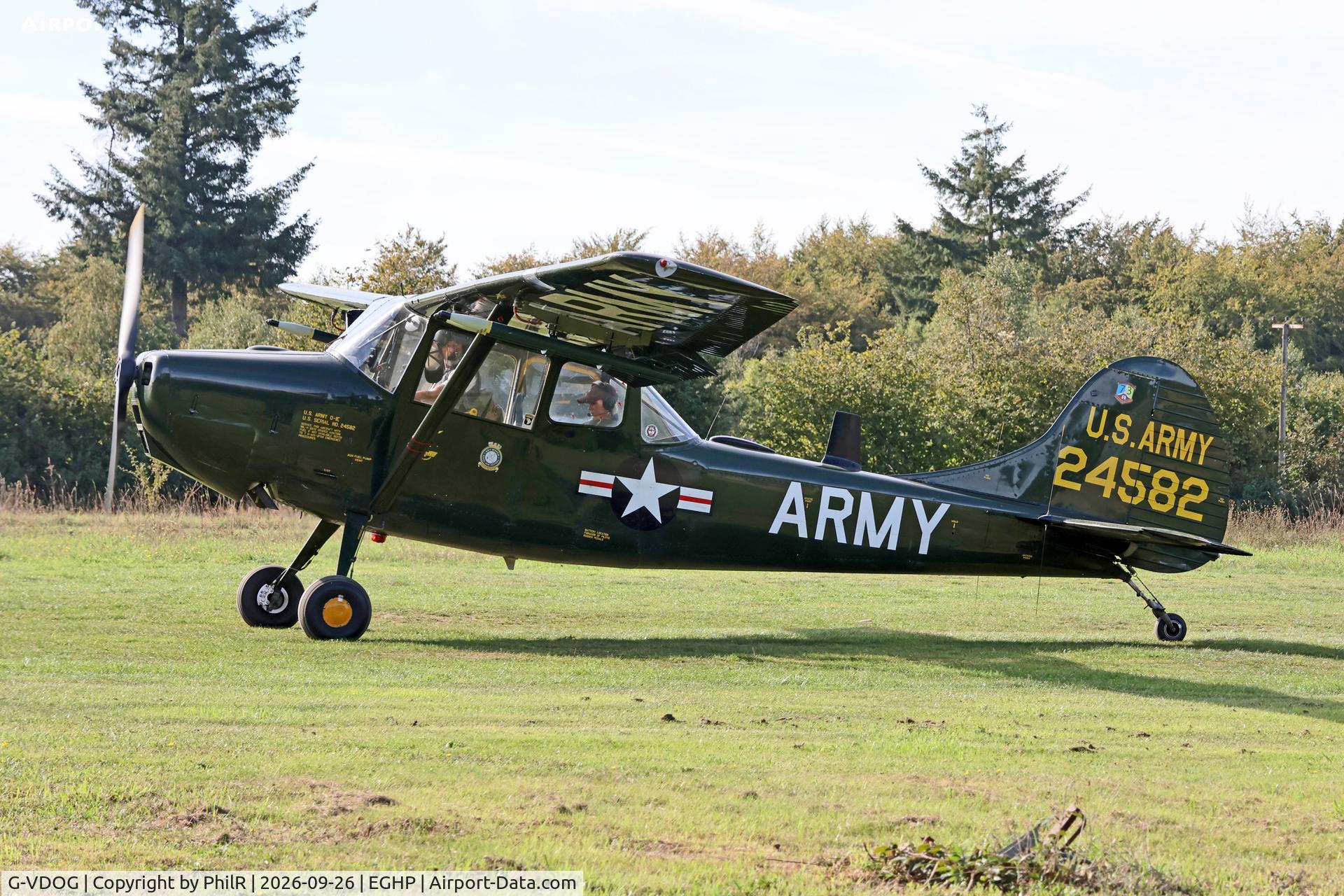Aircraft G-VDOG, 1958 Cessna O-1E Bird Dog, c/n 24582, '24582' G-VDOG (F-BIFB) 1958 Cessna 305 (CL-19E, O-1E Bird Dog) STOL Championship Popham, at EGHP, photo by PhilR