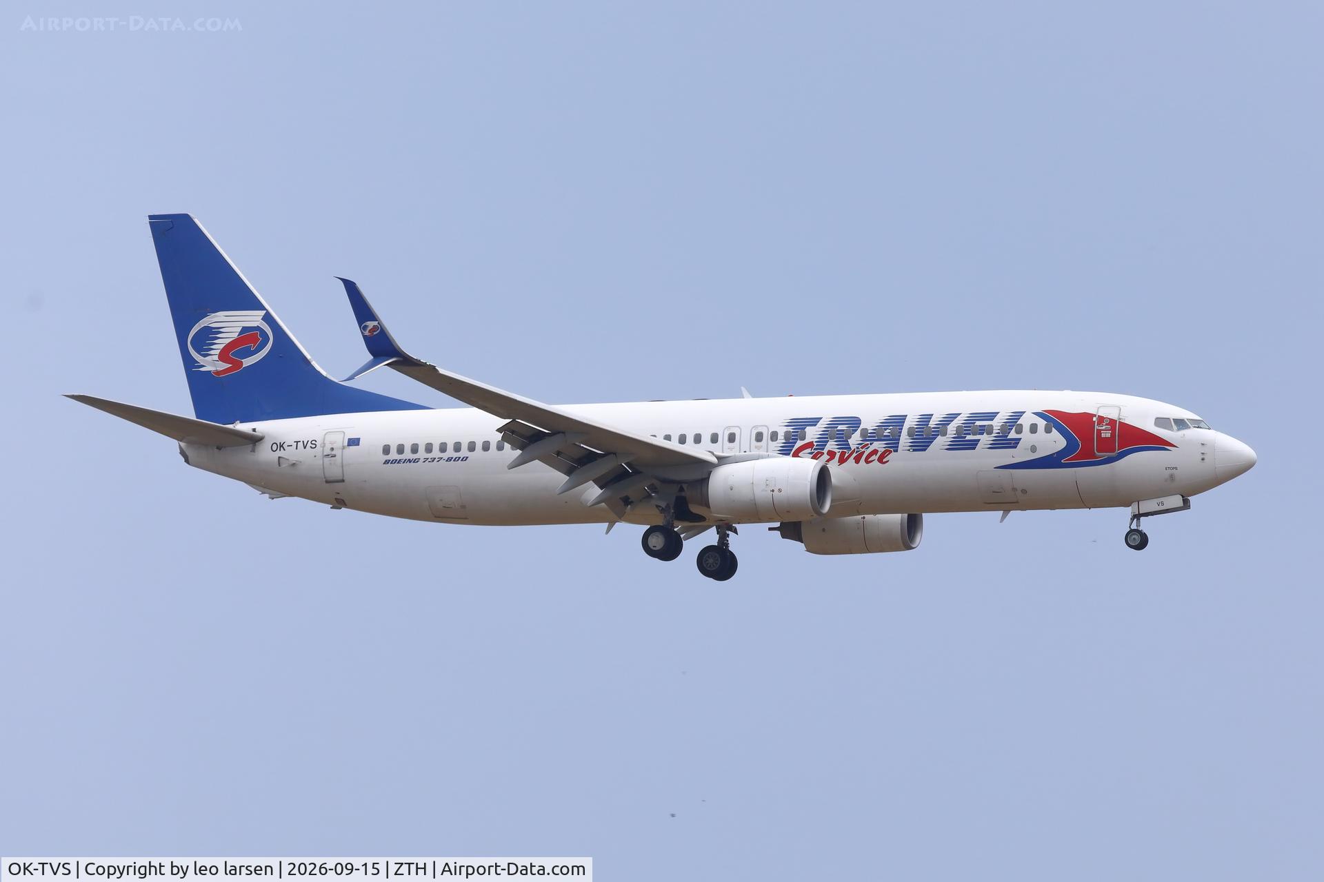 Aircraft OK-TVS, 2011 Boeing 737-86N, c/n 39404 l/n 3633, Zakynthos 15.9.2026, at ZTH, photo by leo larsen