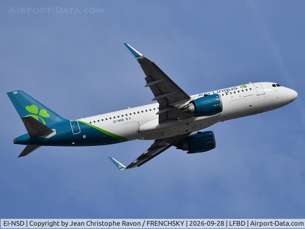 Aircraft EI-NSD, 2023 Airbus A320-251N, c/n 11711, Bordeaux (BOD) Dublin (DUB) EI503, at LFBD, photo by Jean Christophe Ravon / FRENCHSKY