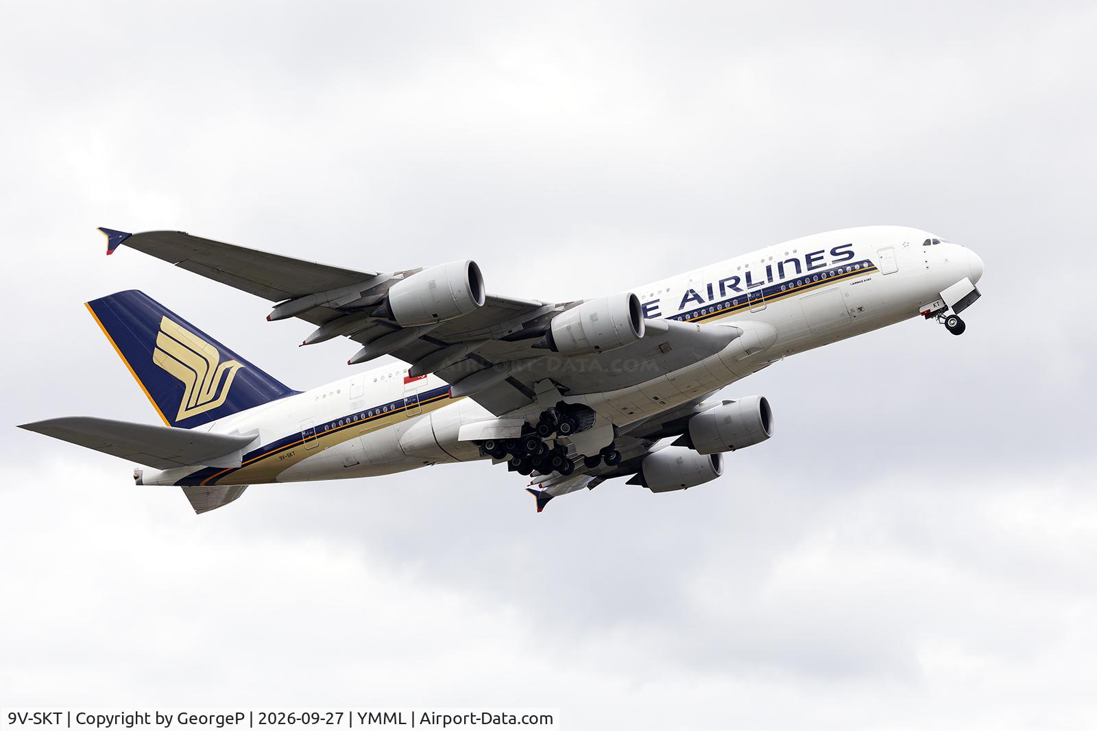 Aircraft 9V-SKT, 2012 Airbus A380-841, c/n 092, Departing from runway 16., at YMML, photo by GeorgeP