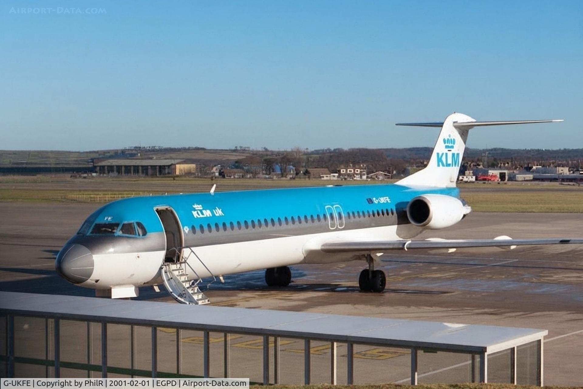 Aircraft G-UKFE, 1989 Fokker 100 (F-28-0100), c/n 11260, G-UKFE 1989 Fokker F-100 KLM UK ABZ, at EGPD, photo by PhilR