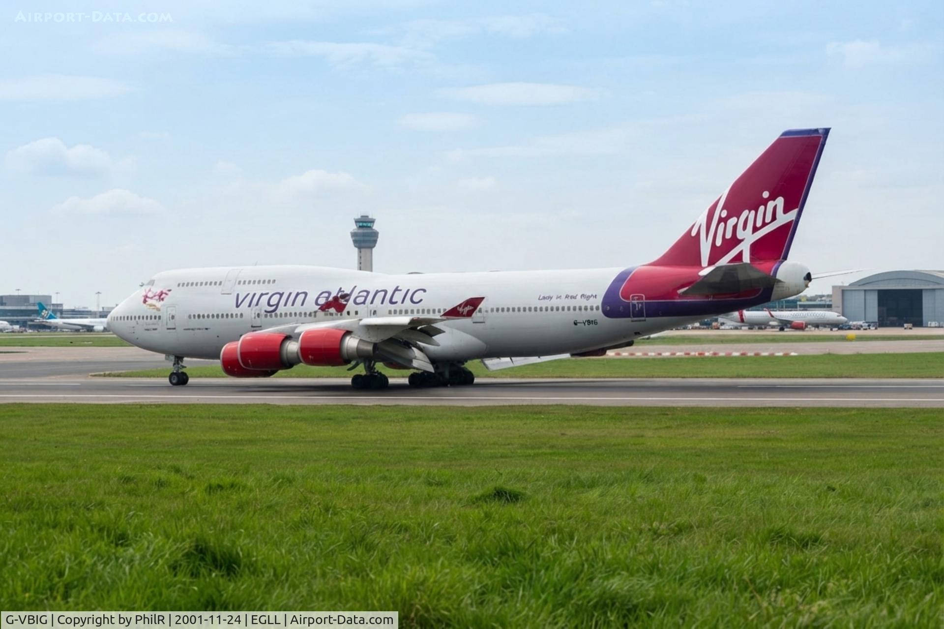 Aircraft G-VBIG, 1996 Boeing 747-4Q8, c/n 26255 l/n 1081, G-VBIG 1996 B747-400 Virgin LHR, at EGLL, photo by PhilR