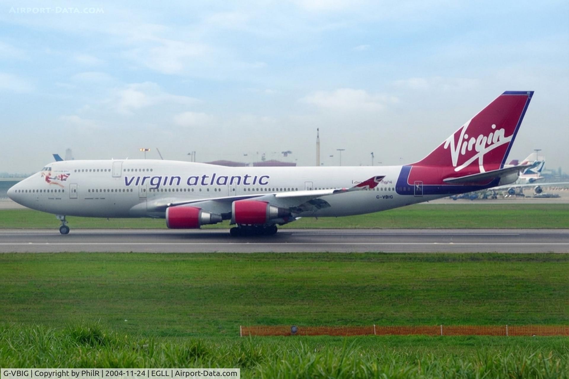 Aircraft G-VBIG, 1996 Boeing 747-4Q8, c/n 26255 l/n 1081, G-VBIG 1996 B747-400 Virgin LHR, at EGLL, photo by PhilR