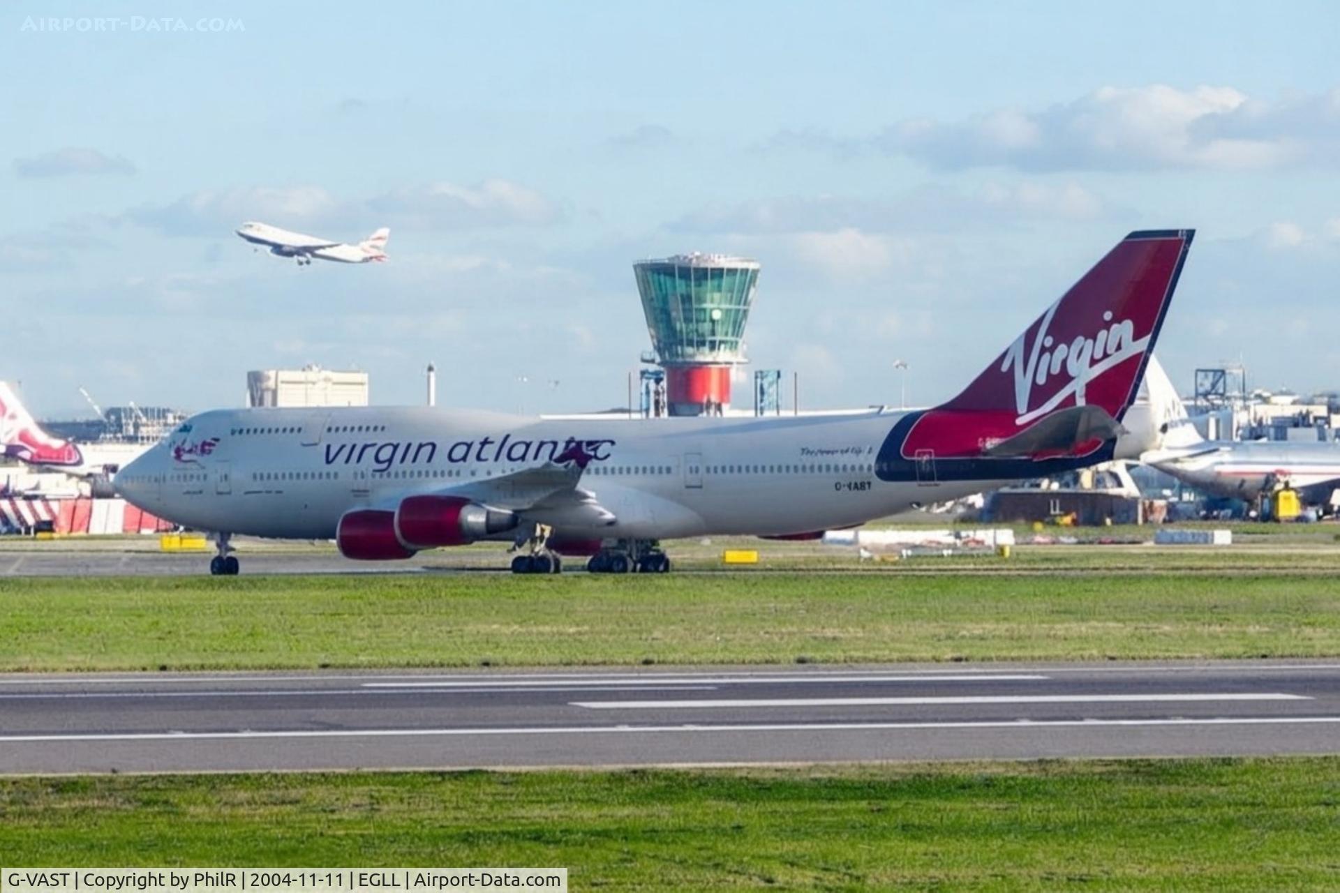 Aircraft G-VAST, 1997 Boeing 747-41R, c/n 28757 l/n 1117, G-VAST 1997 B747-400 Virgin LHR, at EGLL, photo by PhilR