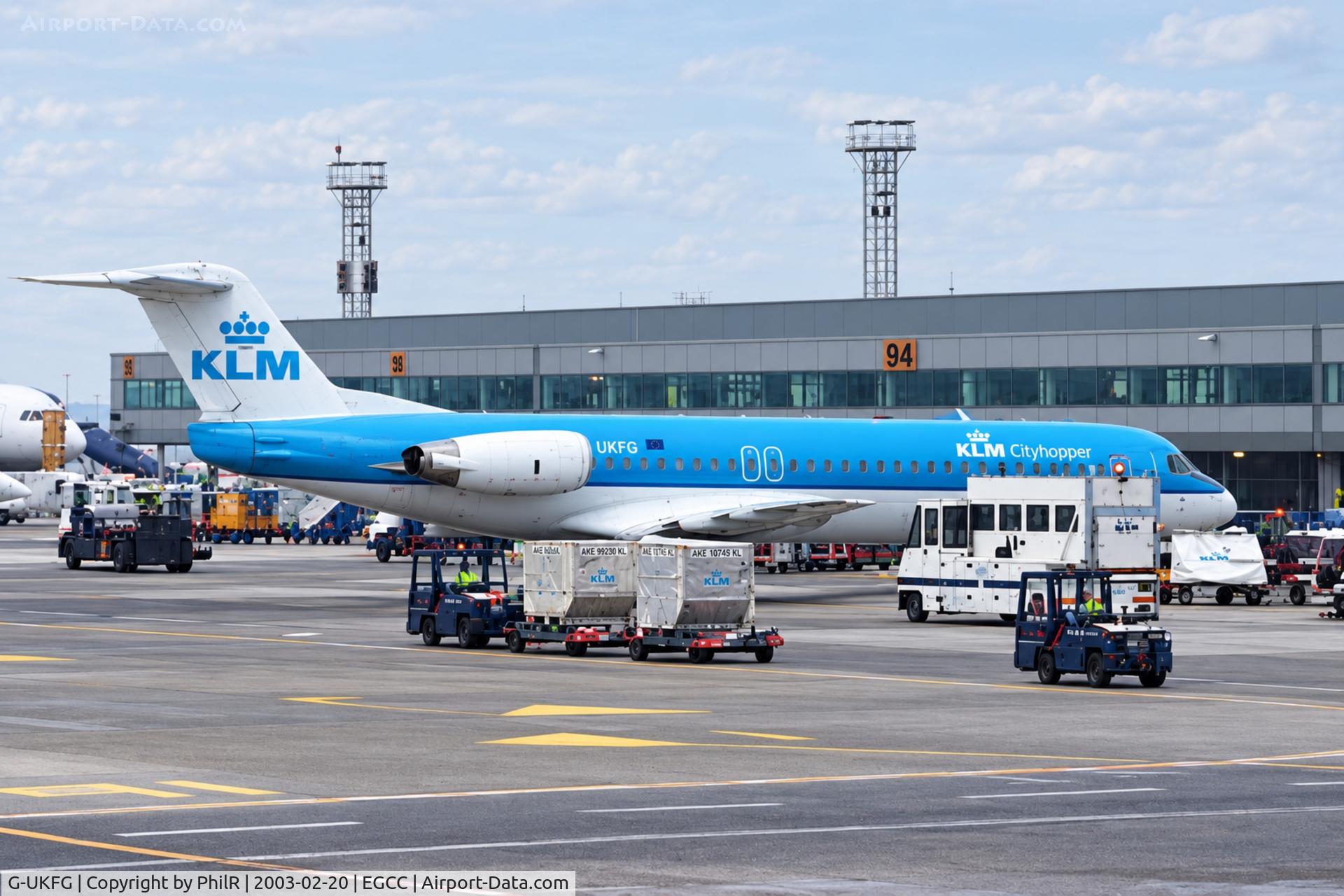 Aircraft G-UKFG, 1989 Fokker 100 (F-28-0100), c/n 11275, G-UKFG 1989 Fokker F-100 KLM UK MAN, at EGCC, photo by PhilR